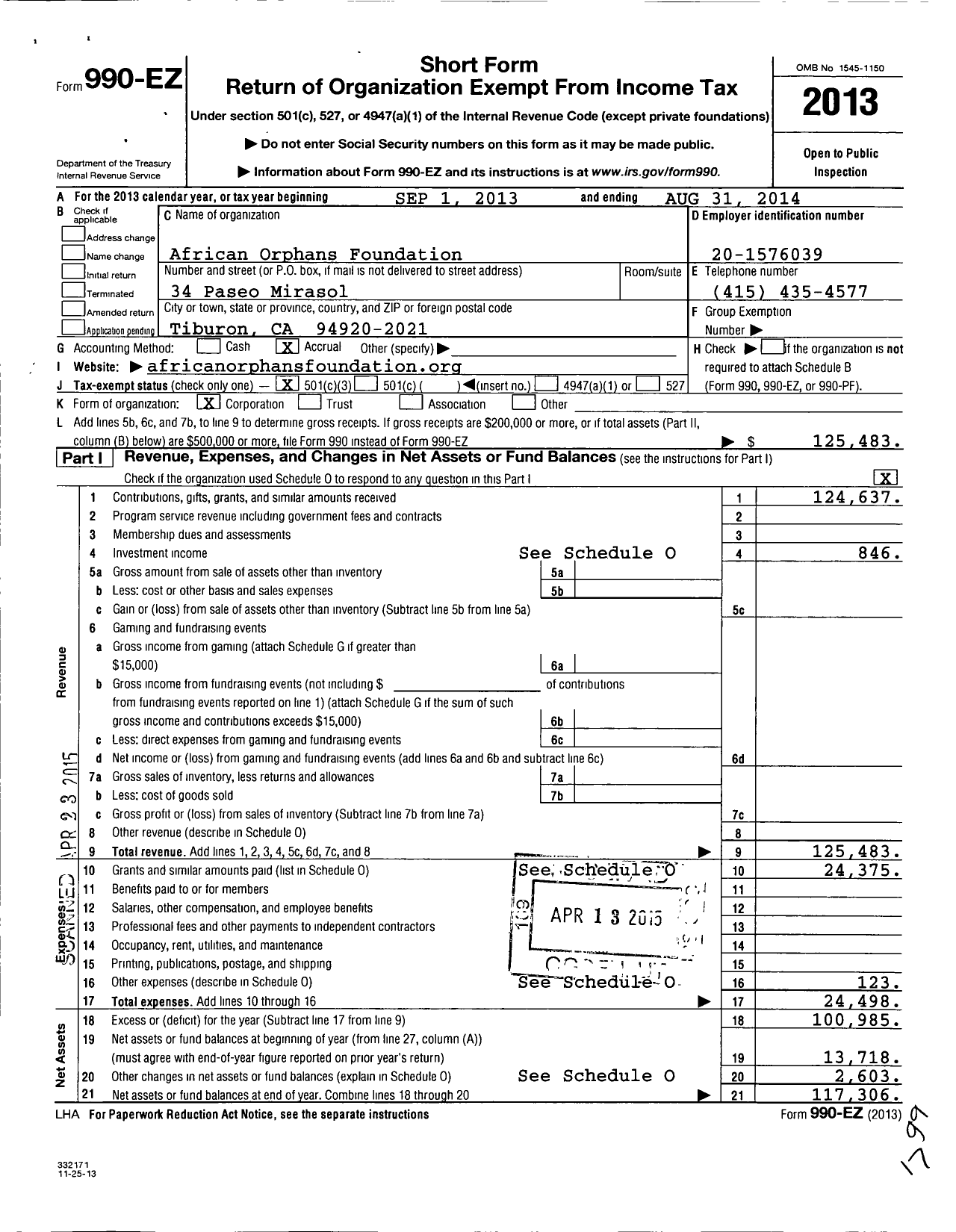 Image of first page of 2013 Form 990EZ for African Orphans Foundation