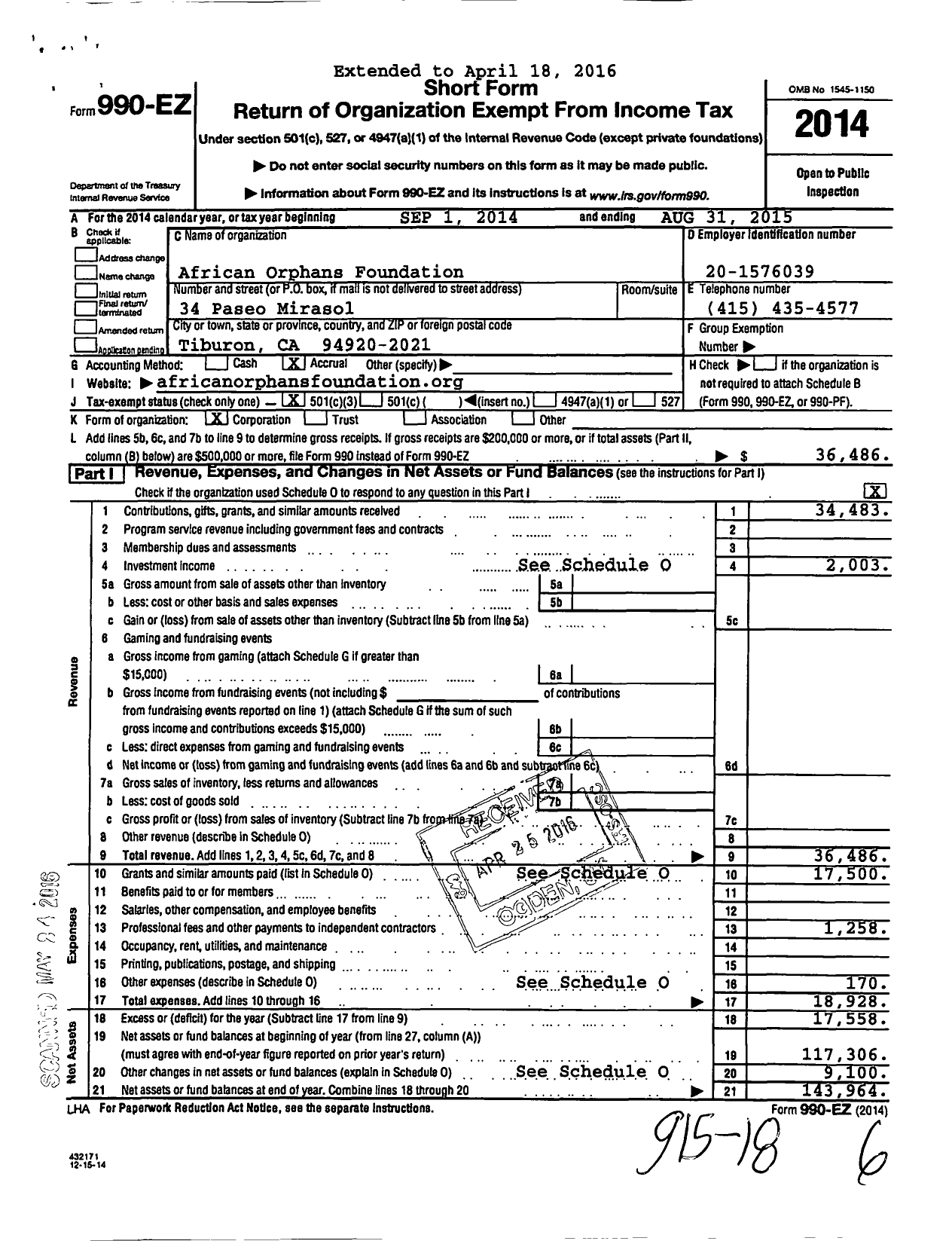 Image of first page of 2014 Form 990EZ for African Orphans Foundation