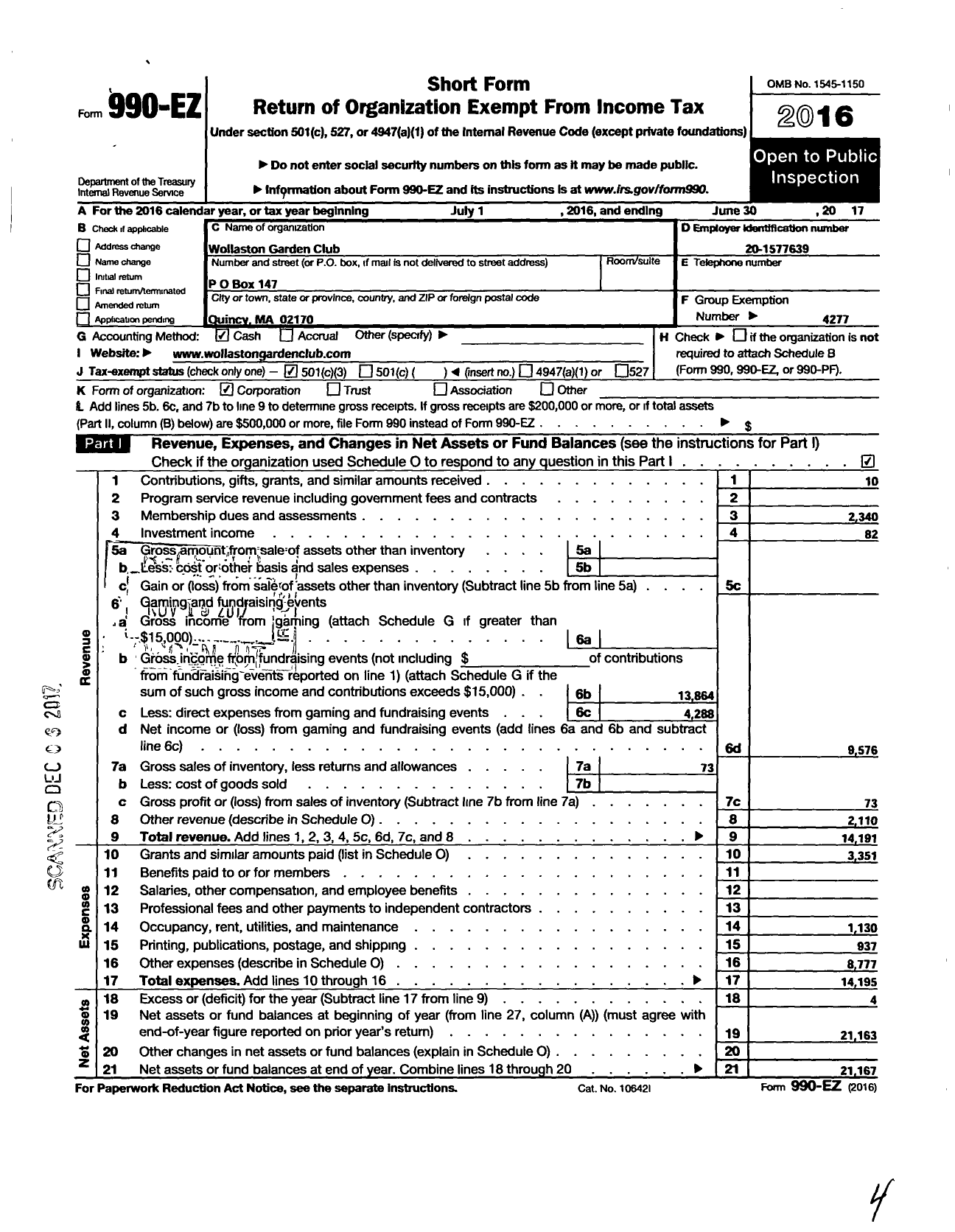 Image of first page of 2016 Form 990EZ for Garden Club Federation of Massachusetts / Quincy-Wollaston Garden Club