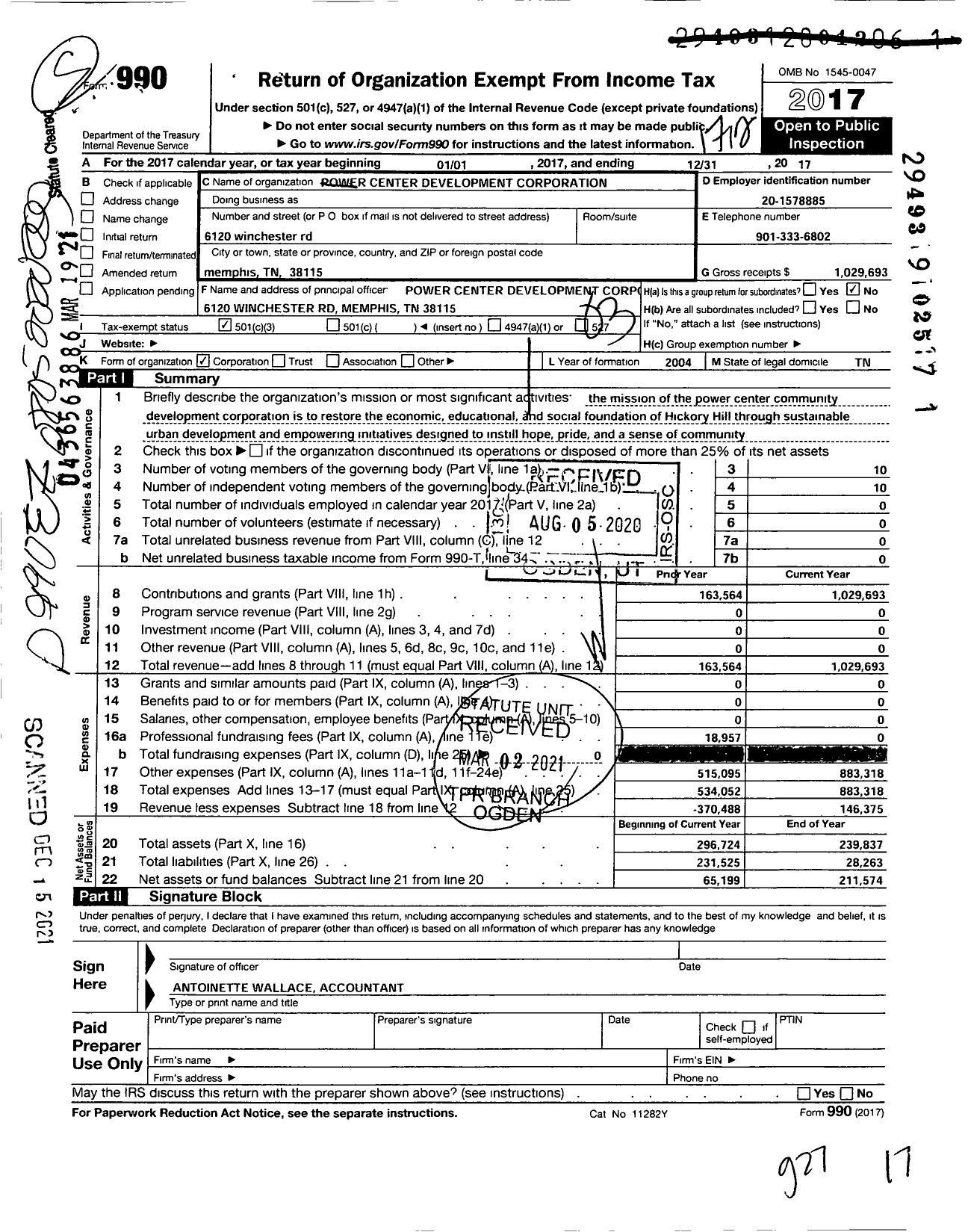 Image of first page of 2017 Form 990 for The Power Center Community Development Corporation