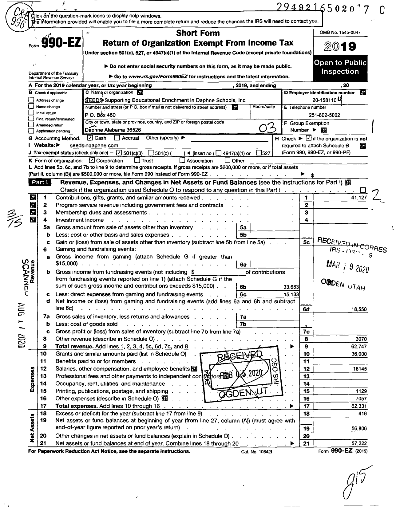 Image of first page of 2019 Form 990EZ for Supporting Educational Enrichment in Daphnes Schools