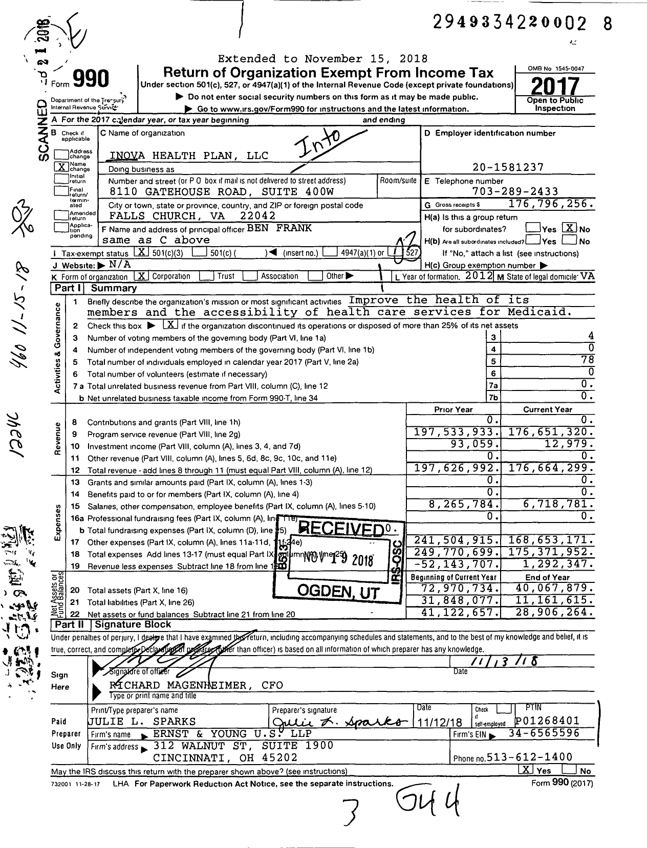 Image of first page of 2017 Form 990 for Inova Health Plan LLC