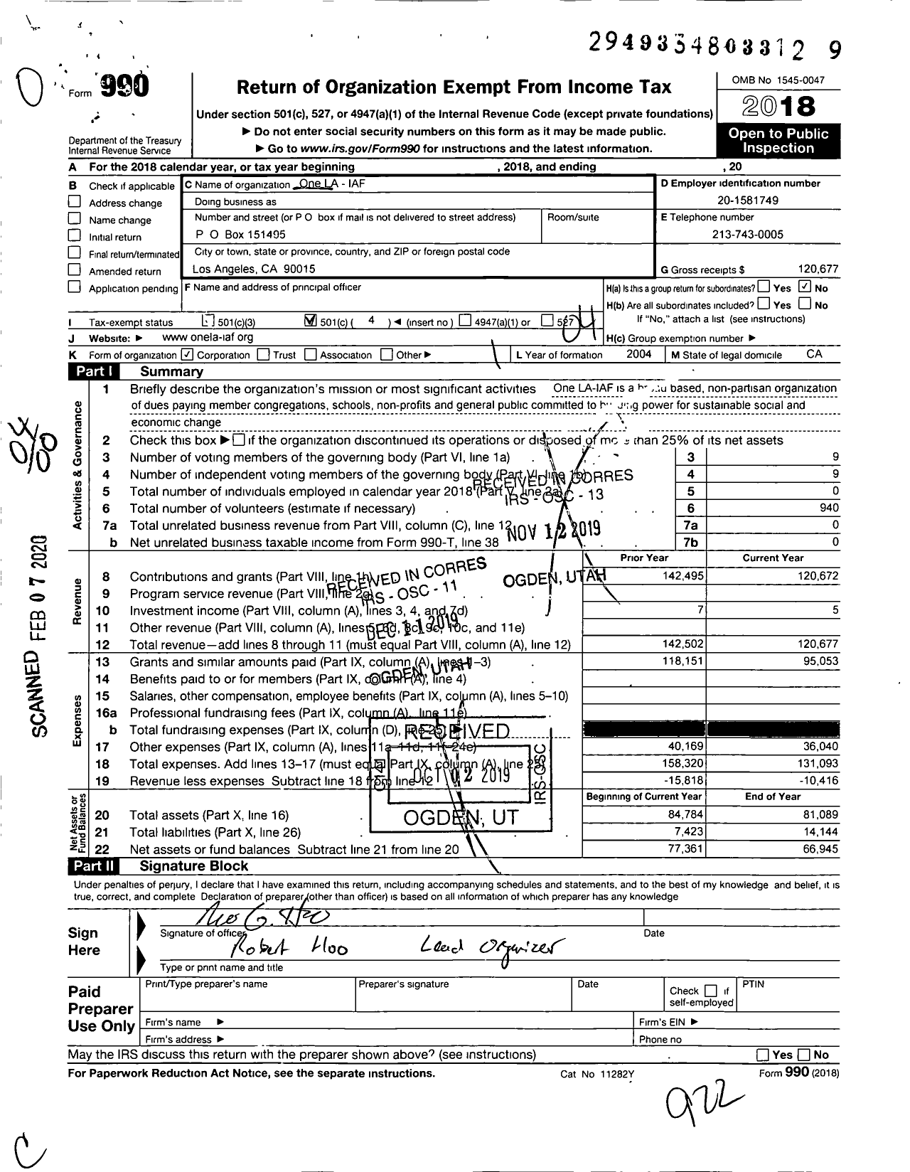 Image of first page of 2018 Form 990O for One La-Iaf