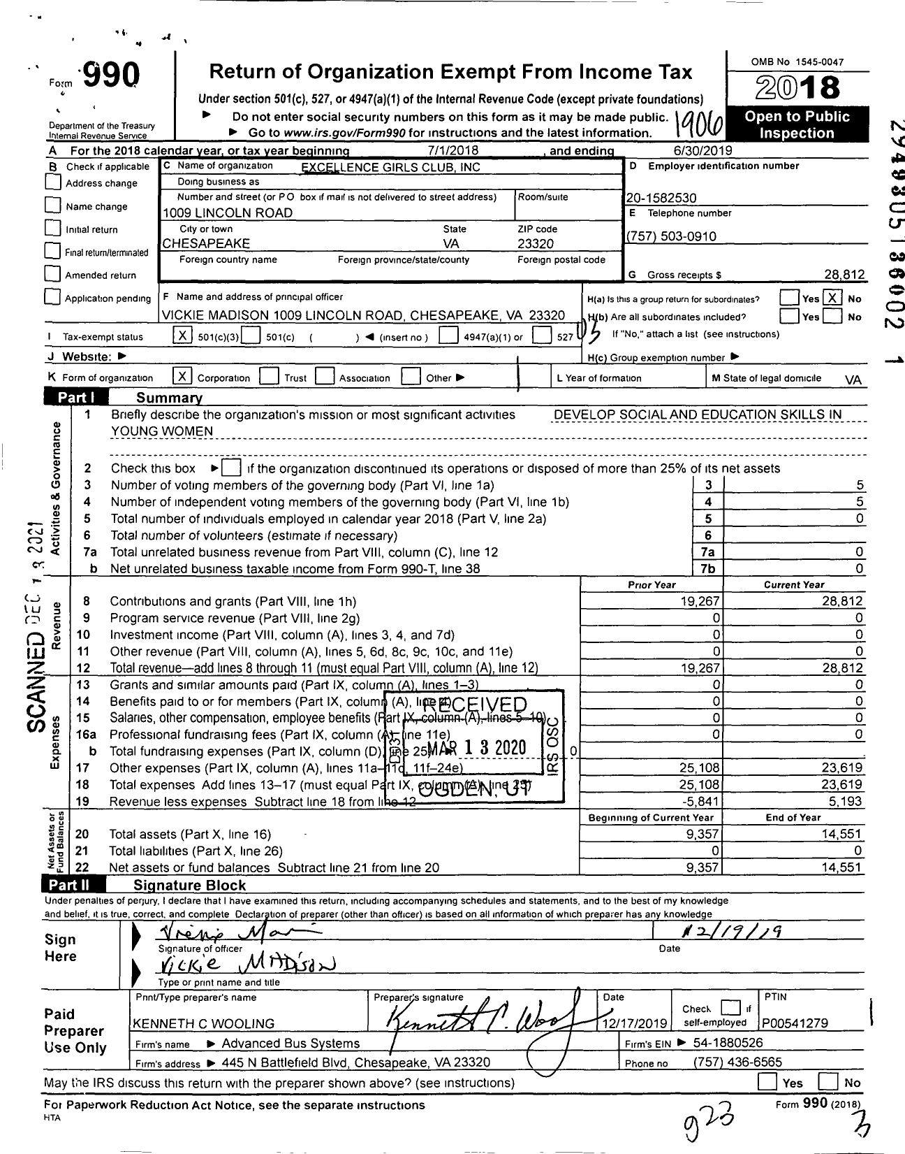 Image of first page of 2018 Form 990 for Excellence Girls Clubs