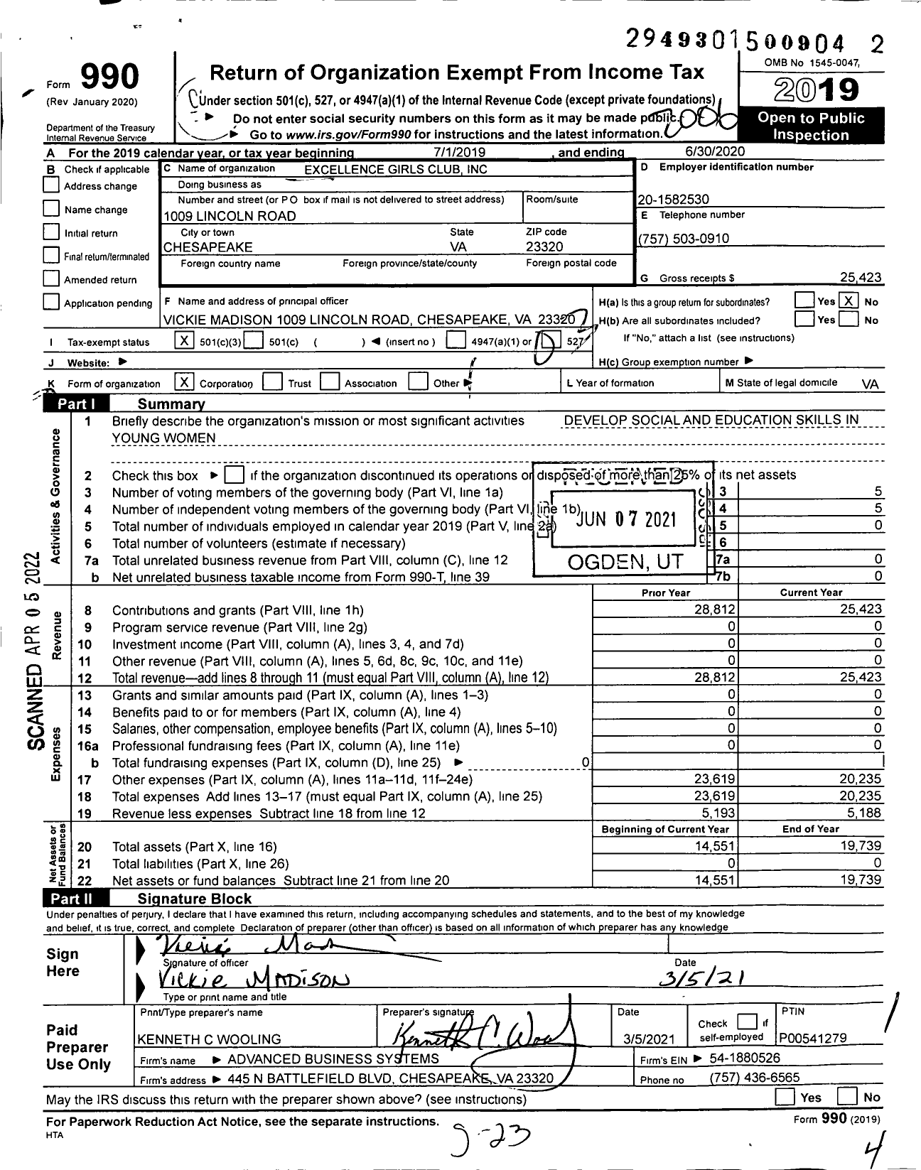 Image of first page of 2019 Form 990 for Excellence Girls Clubs