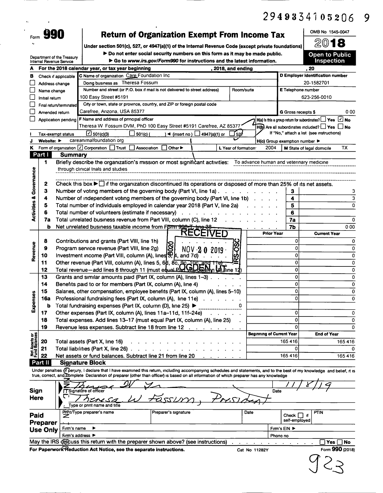 Image of first page of 2018 Form 990 for Care Foundation