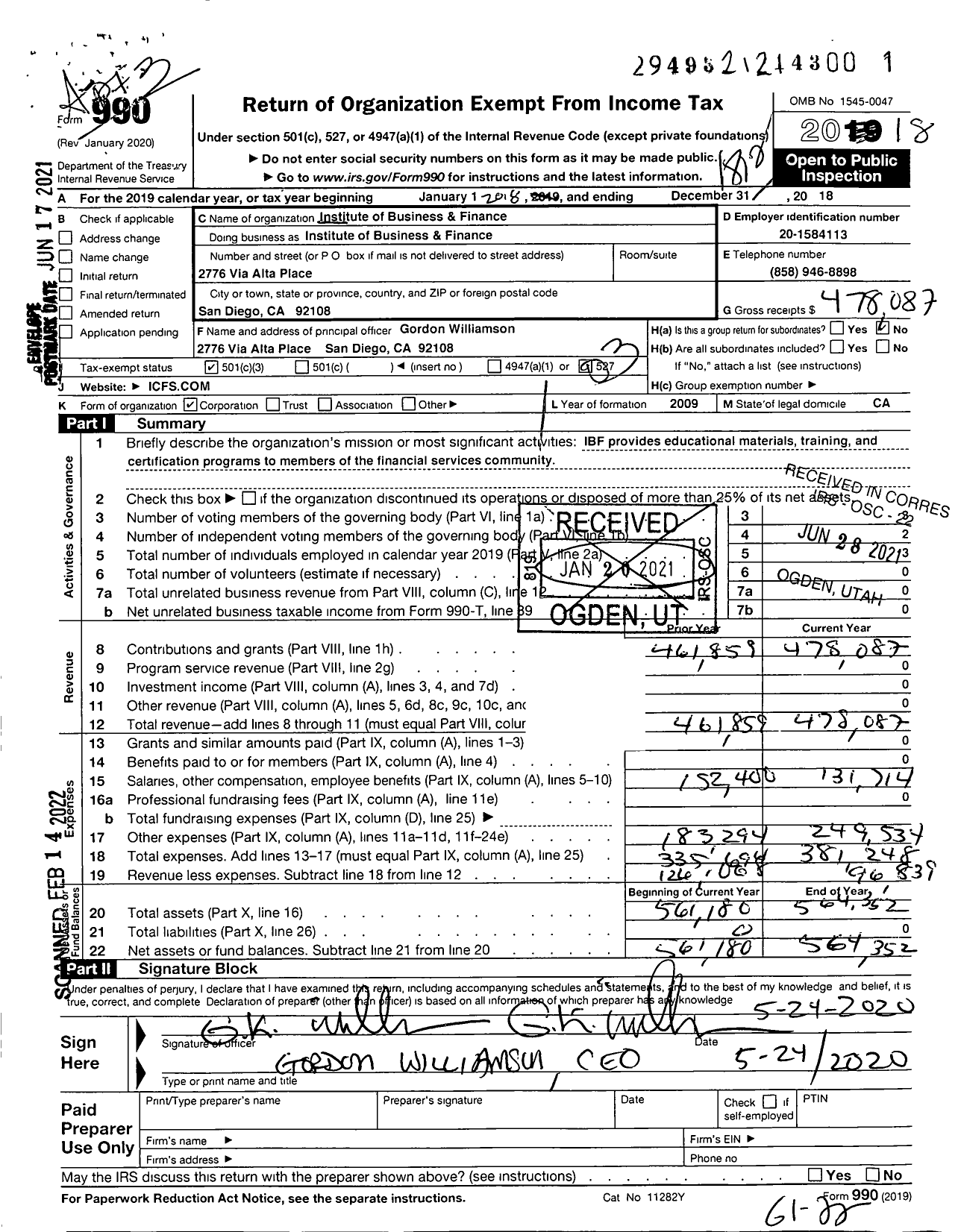 Image of first page of 2018 Form 990 for The Institute of Business and Finance