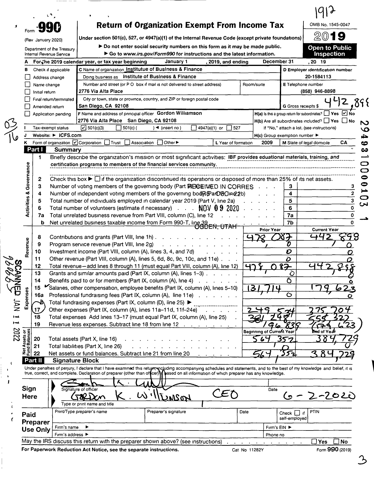 Image of first page of 2019 Form 990 for The Institute of Business and Finance