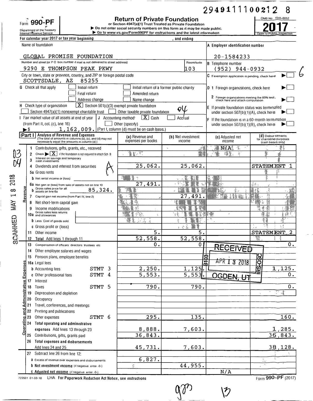 Image of first page of 2017 Form 990PF for Global Promise Foundation