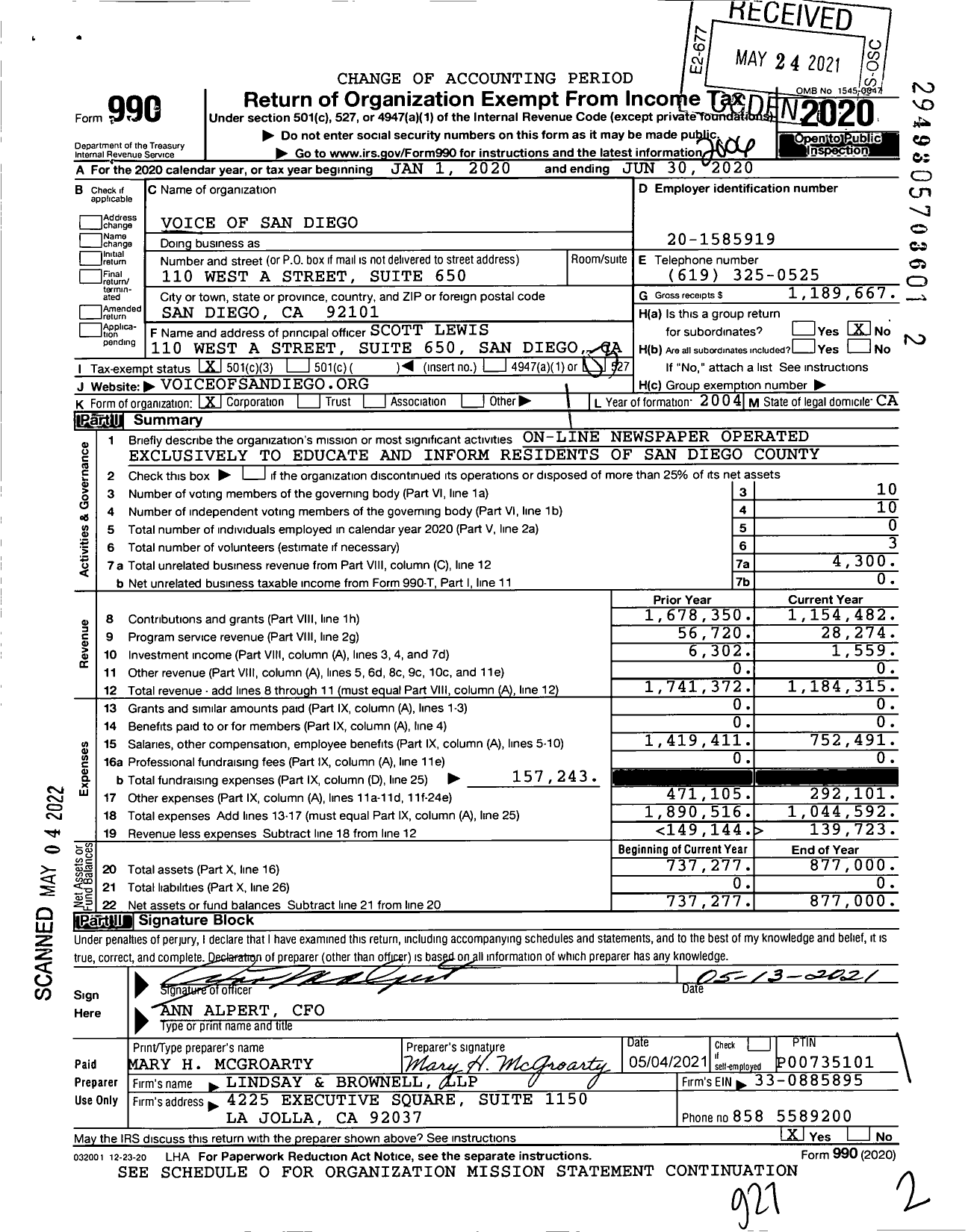 Image of first page of 2019 Form 990 for Voice of San Diego