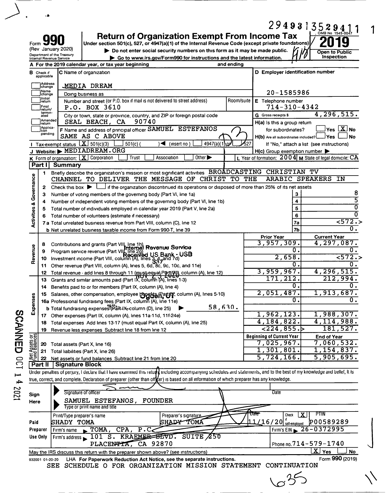 Image of first page of 2019 Form 990 for Media Dream