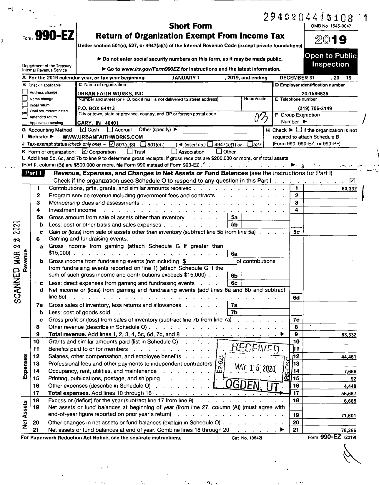 Image of first page of 2019 Form 990EZ for Urban Faith Works