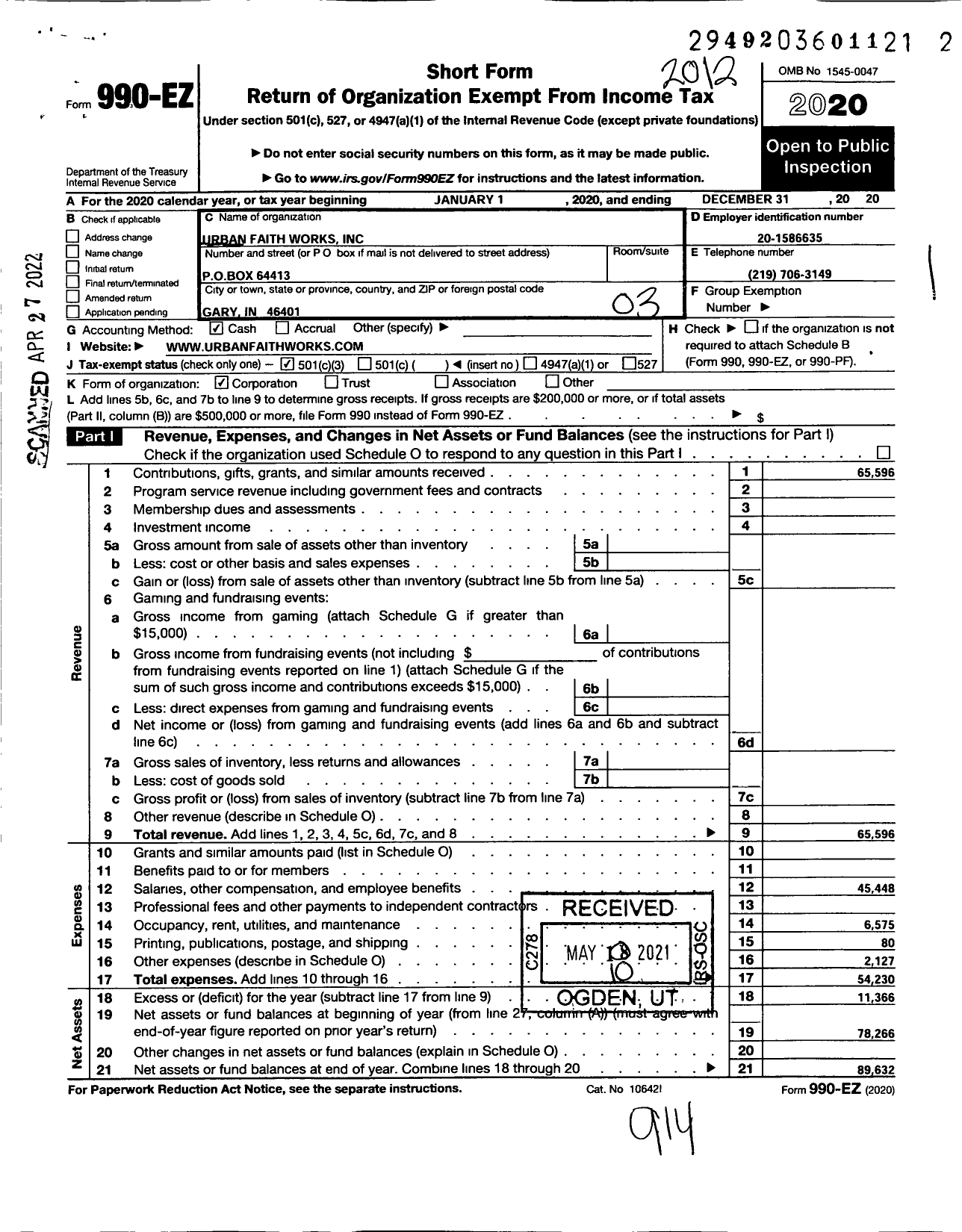 Image of first page of 2020 Form 990EZ for Urban Faith Works