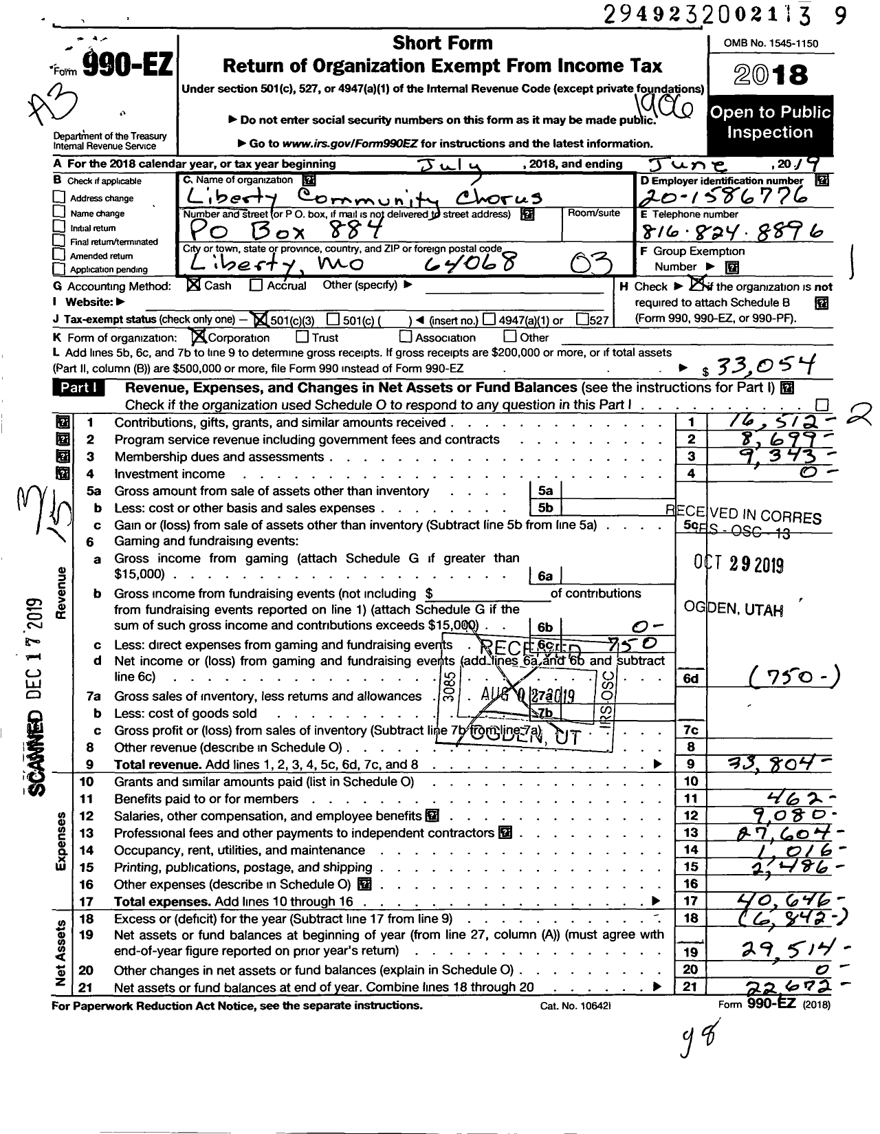 Image of first page of 2018 Form 990EZ for Liberty Community Chorus