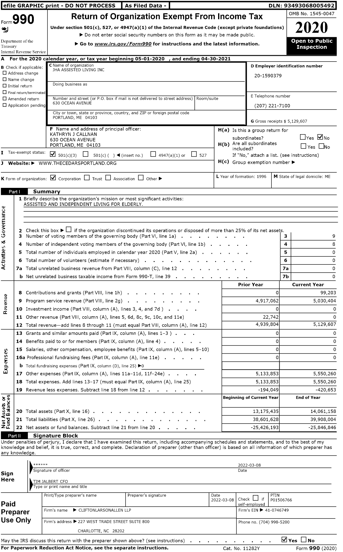Image of first page of 2020 Form 990 for JHA Assisted Living