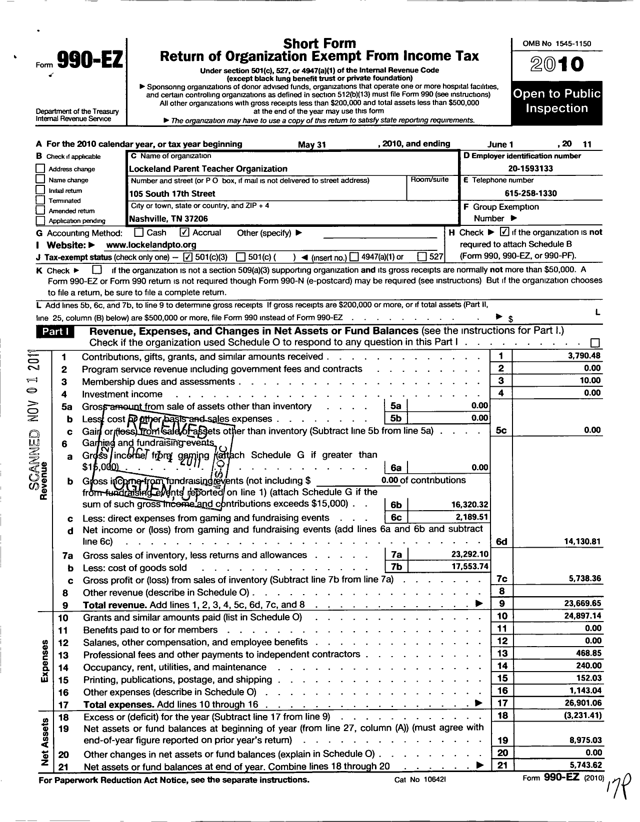 Image of first page of 2010 Form 990EZ for Lockeland Parent Teacher Organization