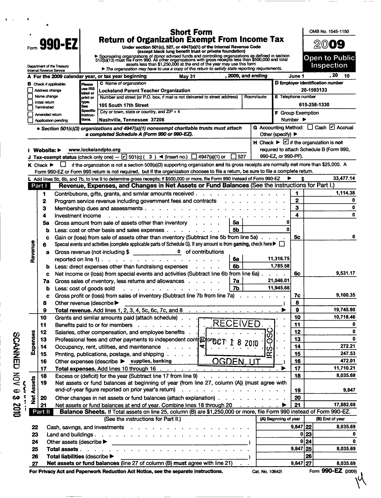 Image of first page of 2009 Form 990EZ for Lockeland Parent Teacher Organization