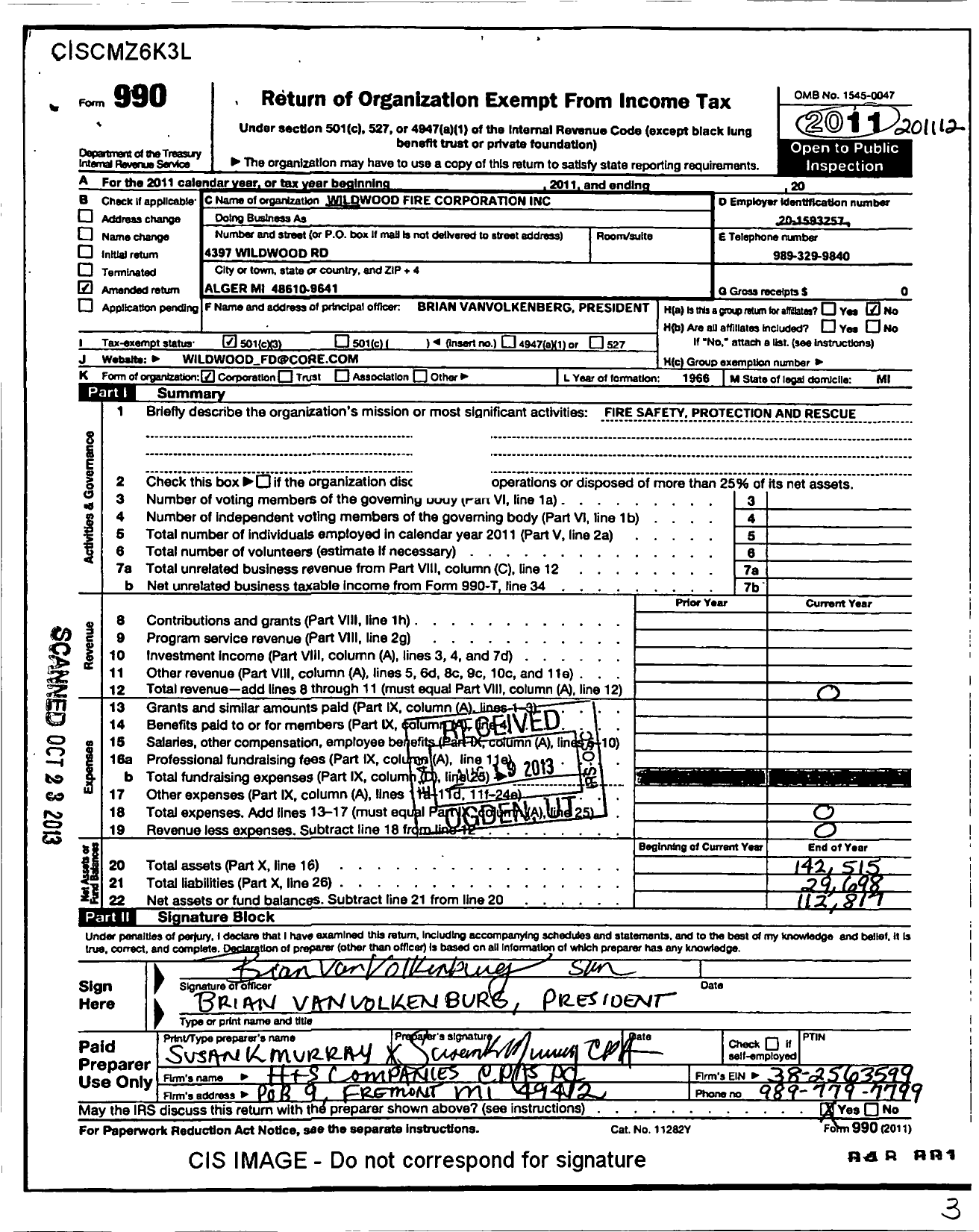 Image of first page of 2011 Form 990 for Wildwood Fire Corporation