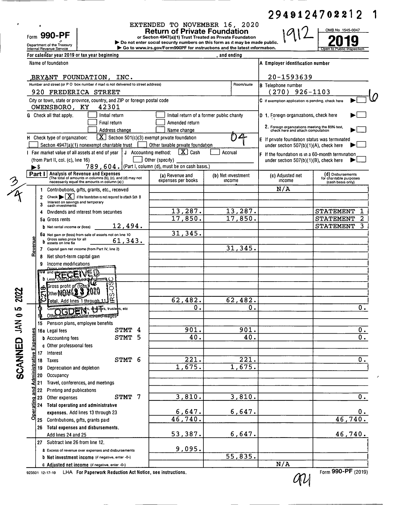 Image of first page of 2019 Form 990PF for Bryant Foundation