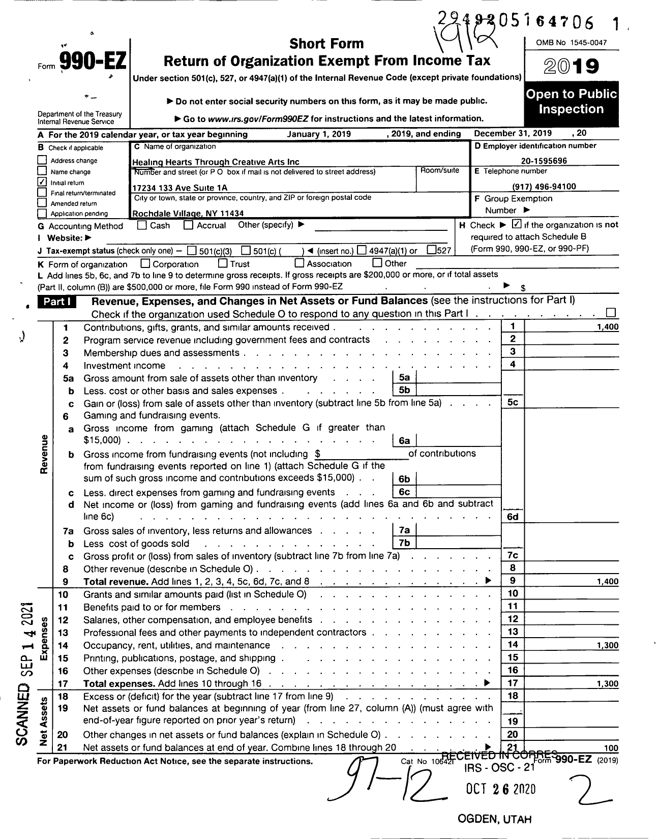 Image of first page of 2019 Form 990EO for Healing Hearts Through Creative Arts