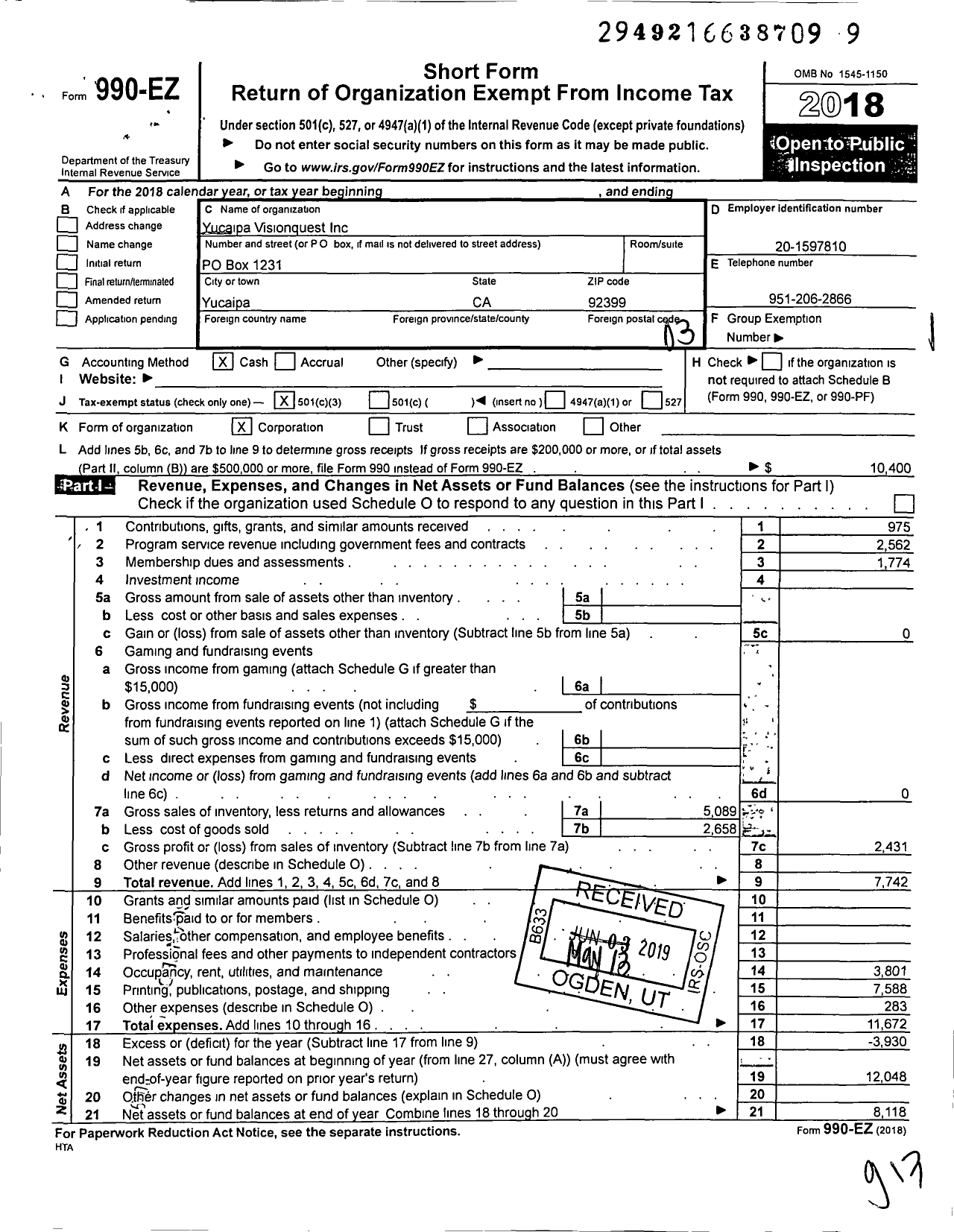 Image of first page of 2018 Form 990EZ for Yucaipa Visionquest