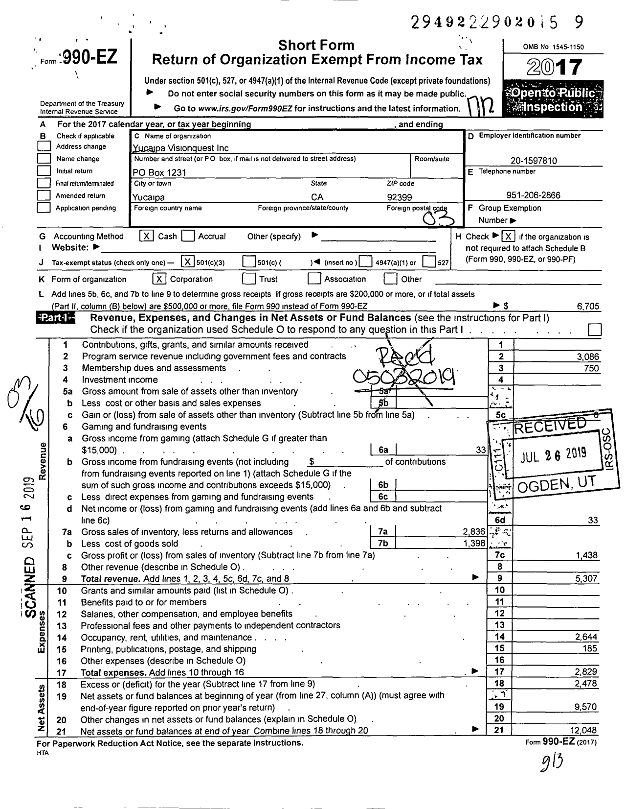 Image of first page of 2017 Form 990EZ for Yucaipa Visionquest