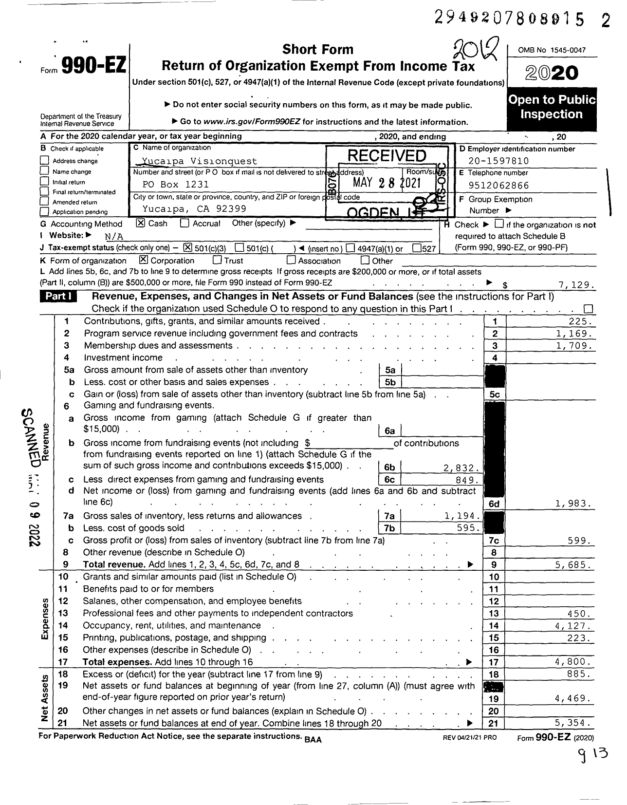 Image of first page of 2020 Form 990EZ for Yucaipa Visionquest