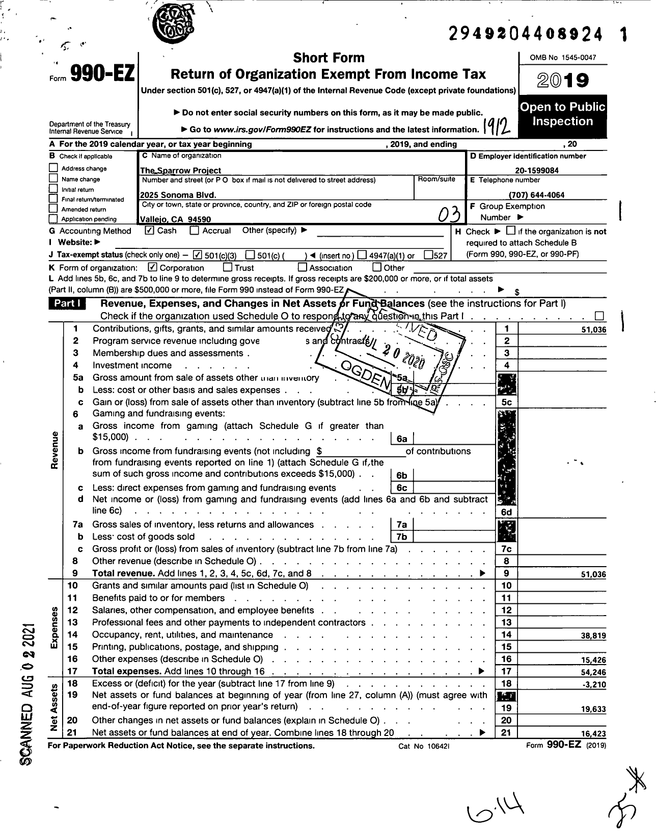 Image of first page of 2019 Form 990EZ for Sparrow Project