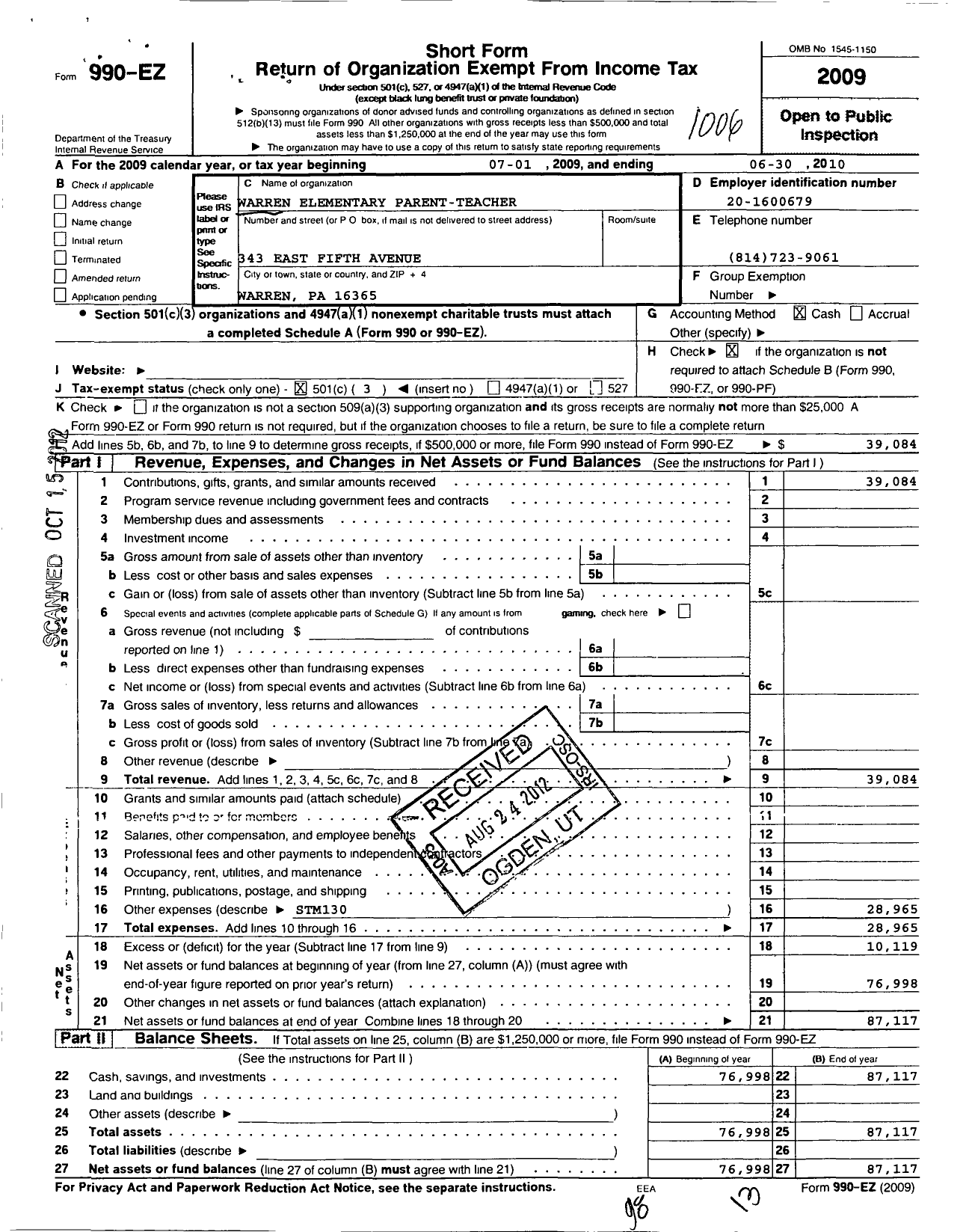 Image of first page of 2009 Form 990EZ for Warren Elementary Parent-Teacher Organization