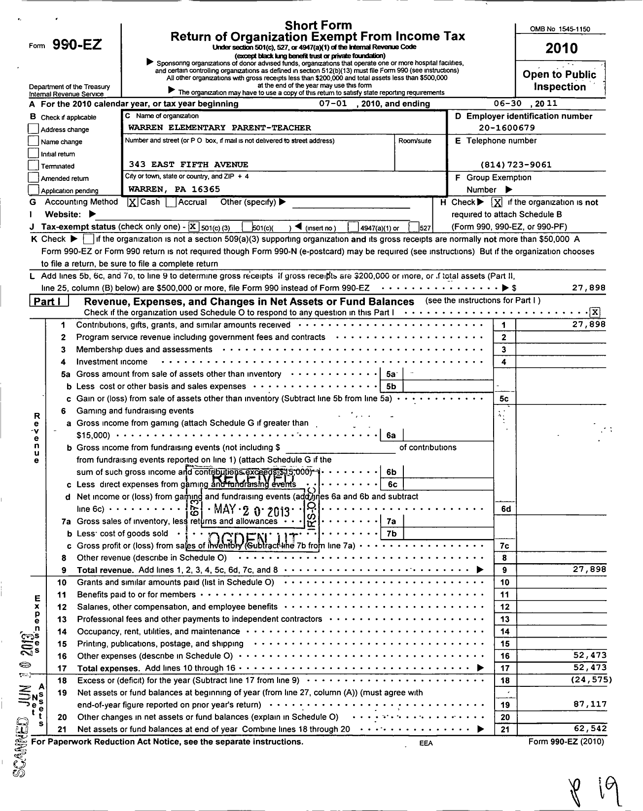 Image of first page of 2010 Form 990EZ for Warren Elementary Parent-Teacher Organization