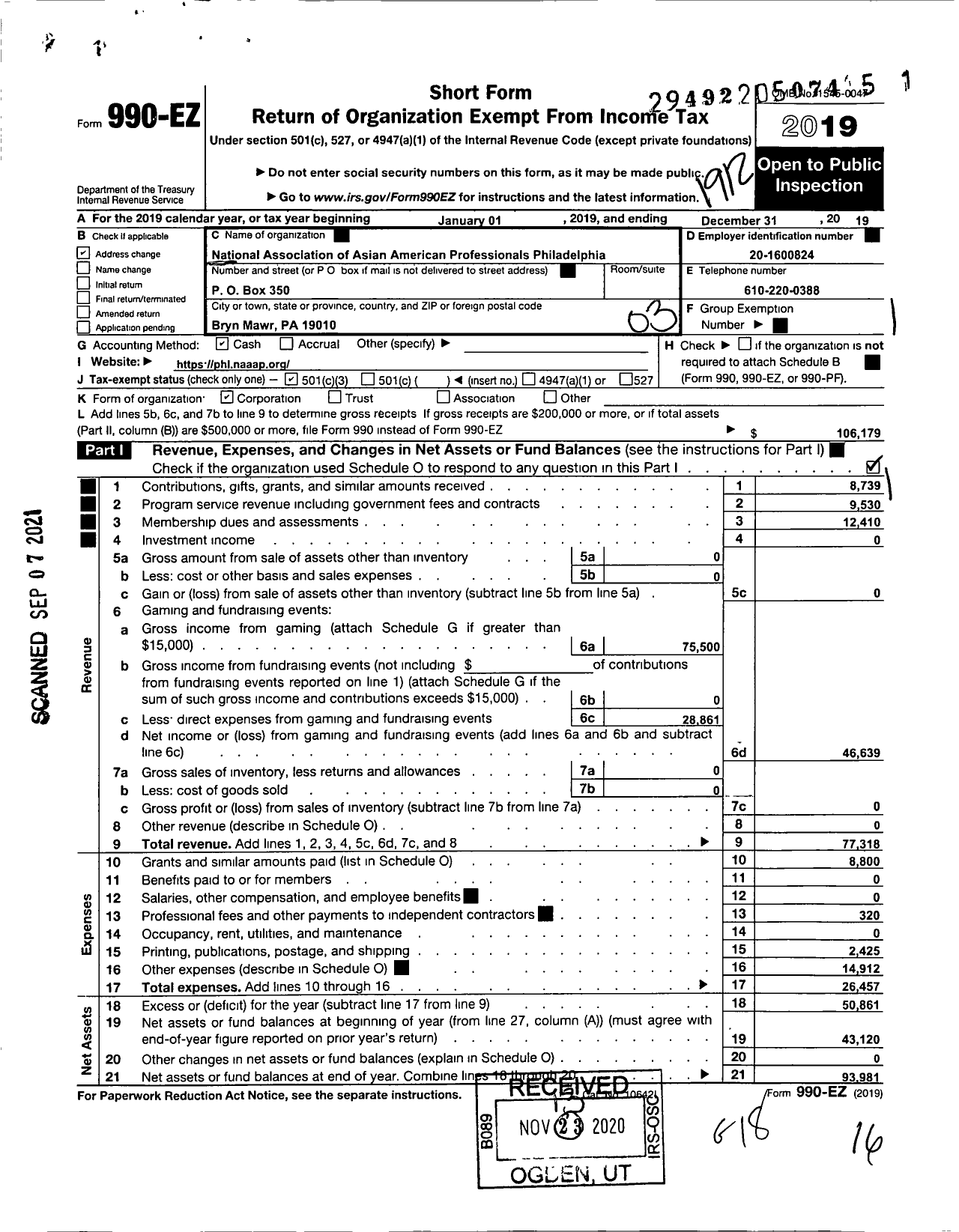 Image of first page of 2019 Form 990EZ for National Association of Asian American Professionals-Philadelphi