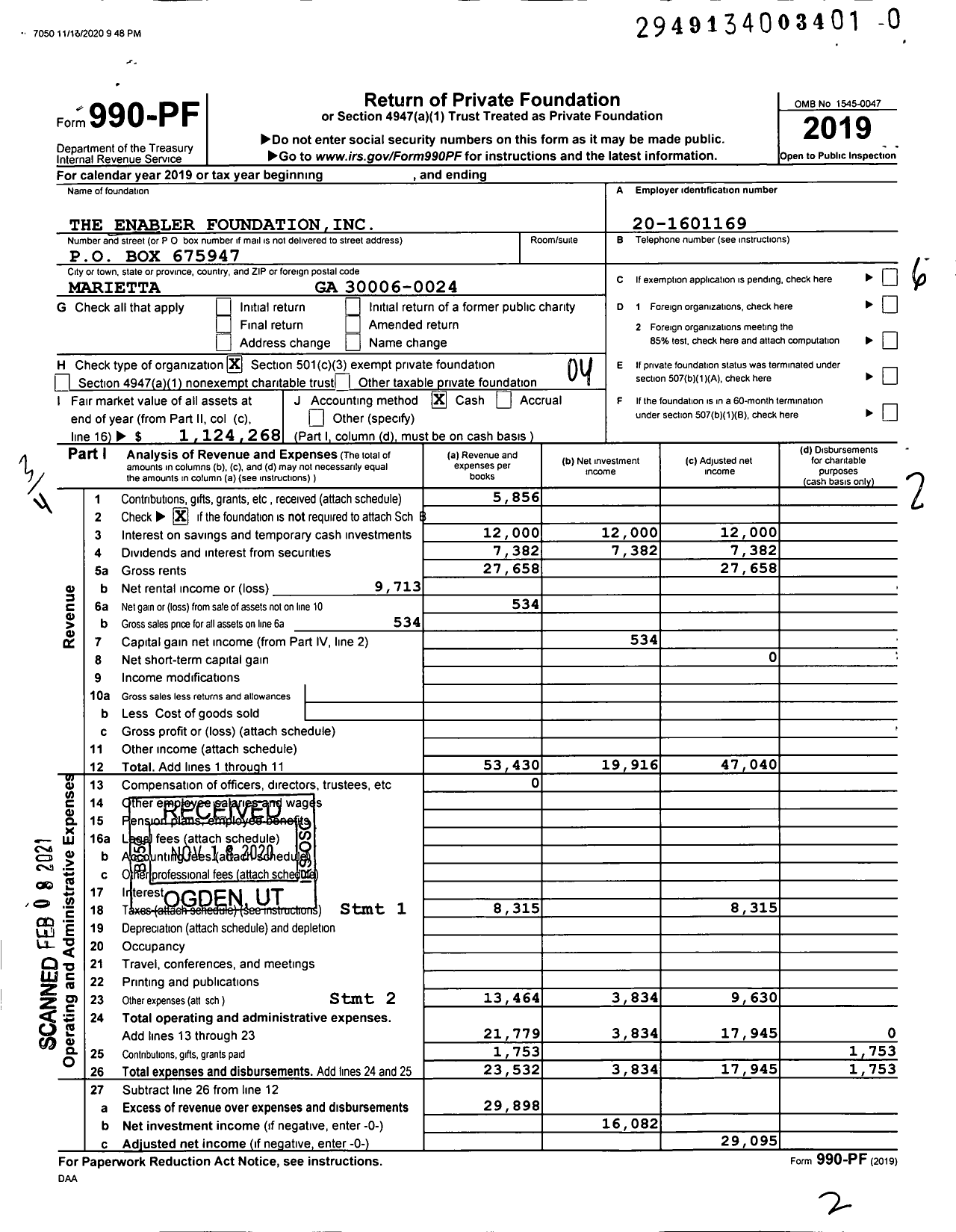 Image of first page of 2019 Form 990PF for The Enabler Foundation