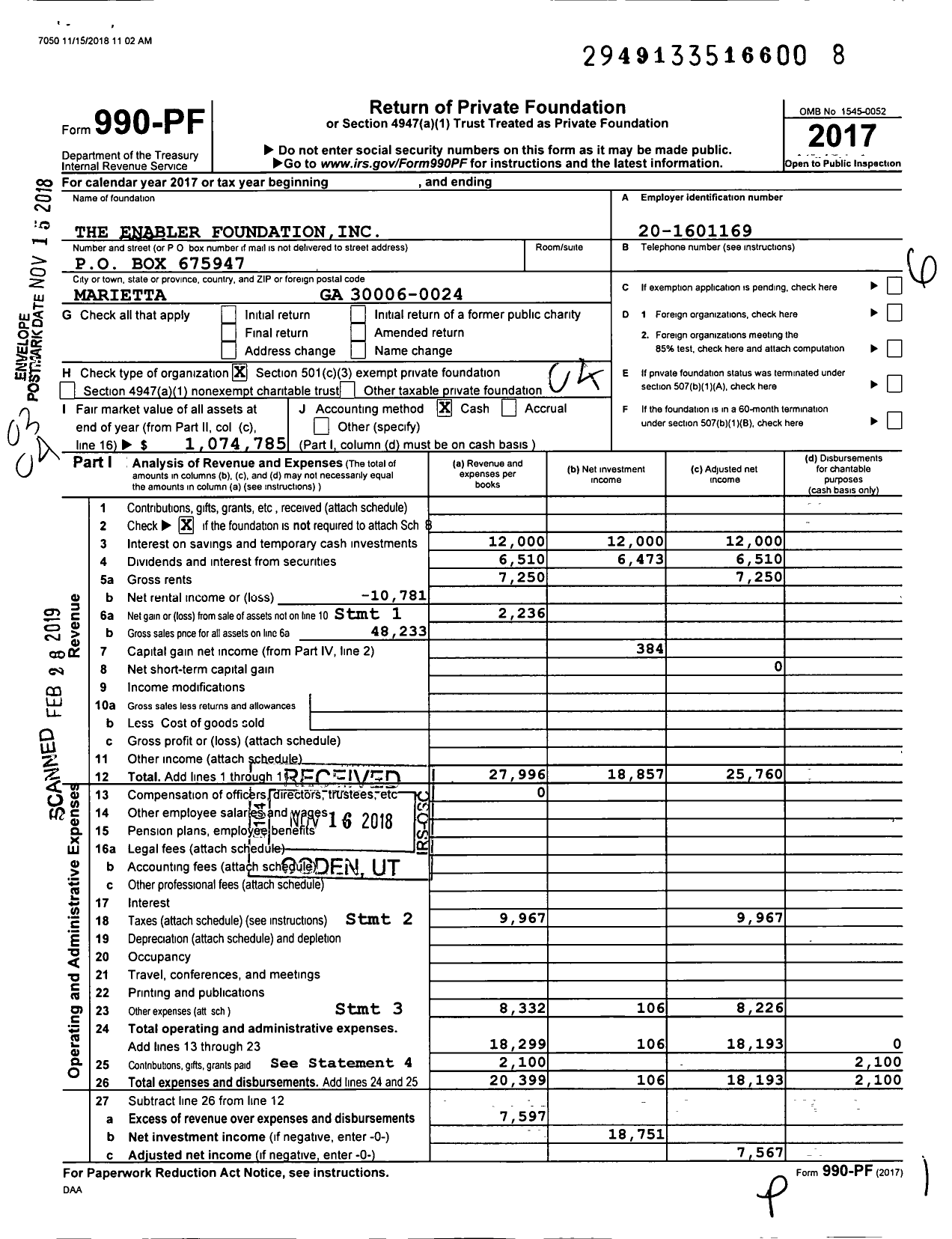 Image of first page of 2017 Form 990PF for The Enabler Foundation