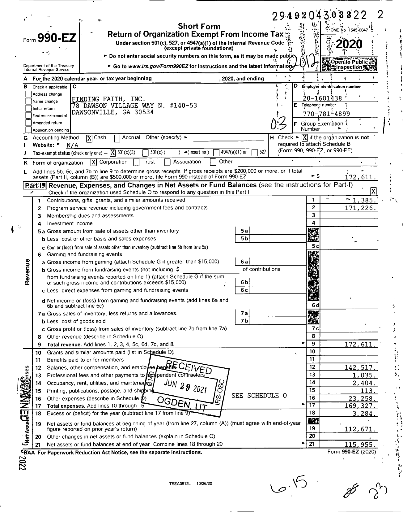 Image of first page of 2020 Form 990EZ for Finding Faith