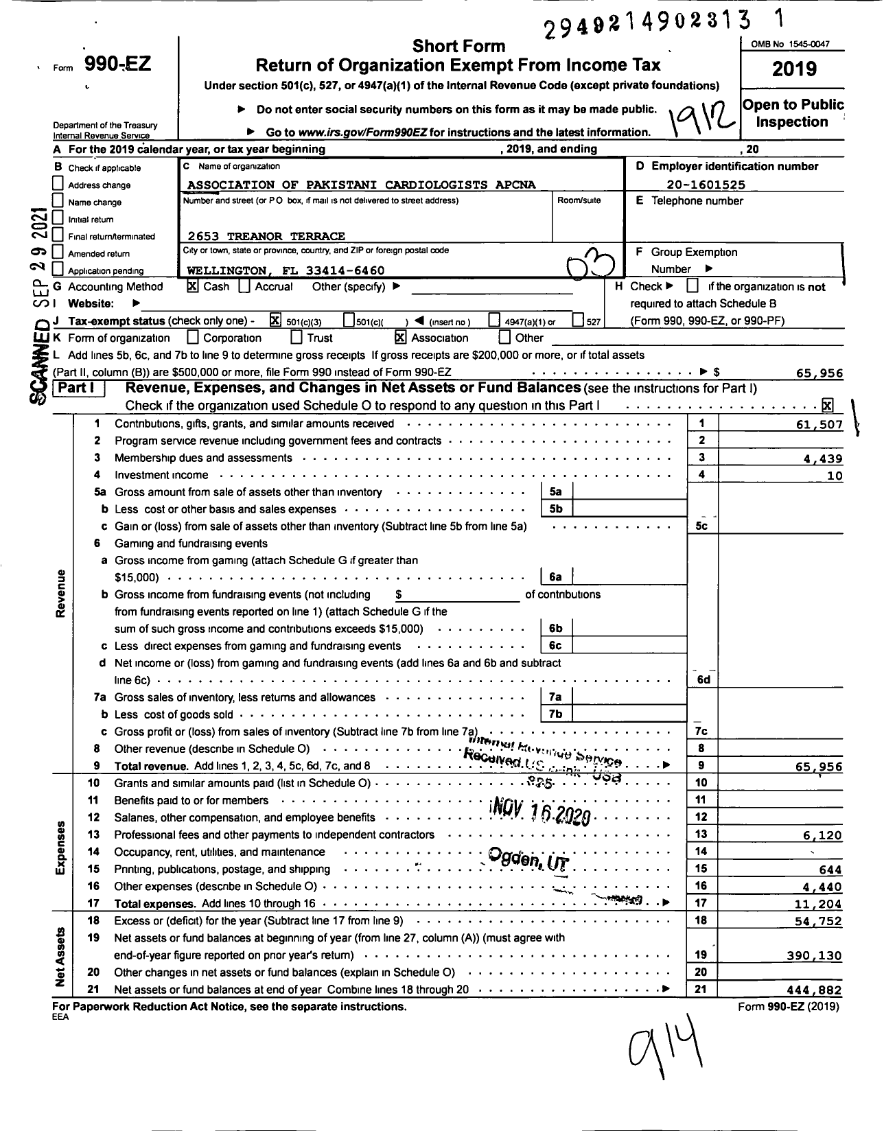 Image of first page of 2019 Form 990EZ for Association of Pakistani Cardiologists Apcna