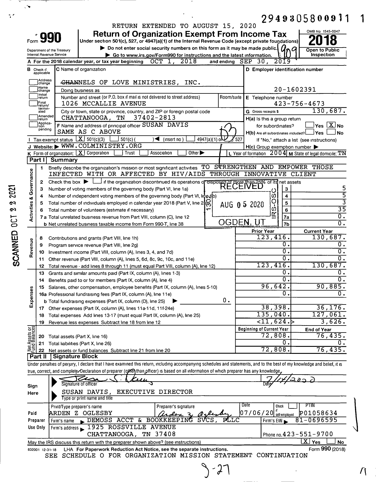 Image of first page of 2018 Form 990 for Channels of Love Ministries