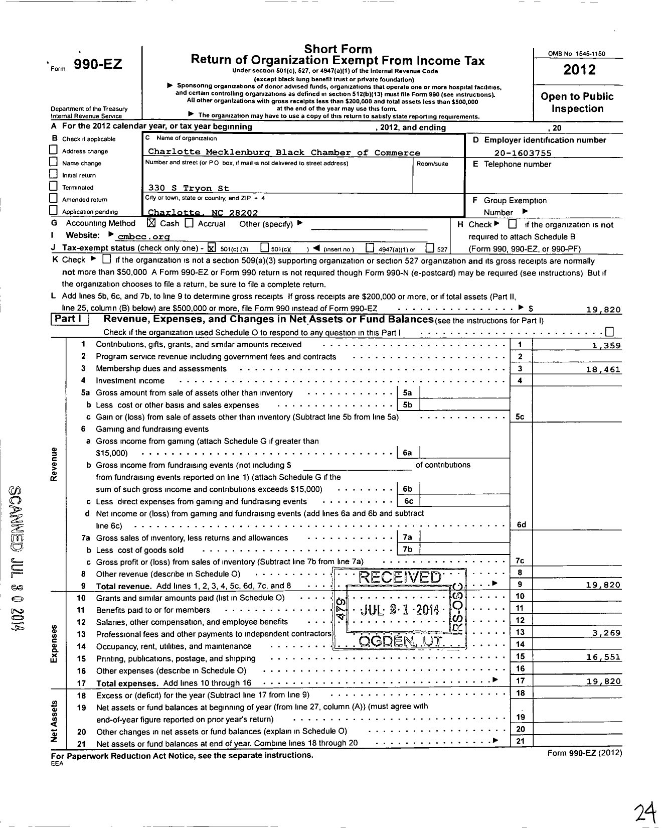 Image of first page of 2012 Form 990EZ for Charlotte Mecklenburg Black Chamber of Commerce