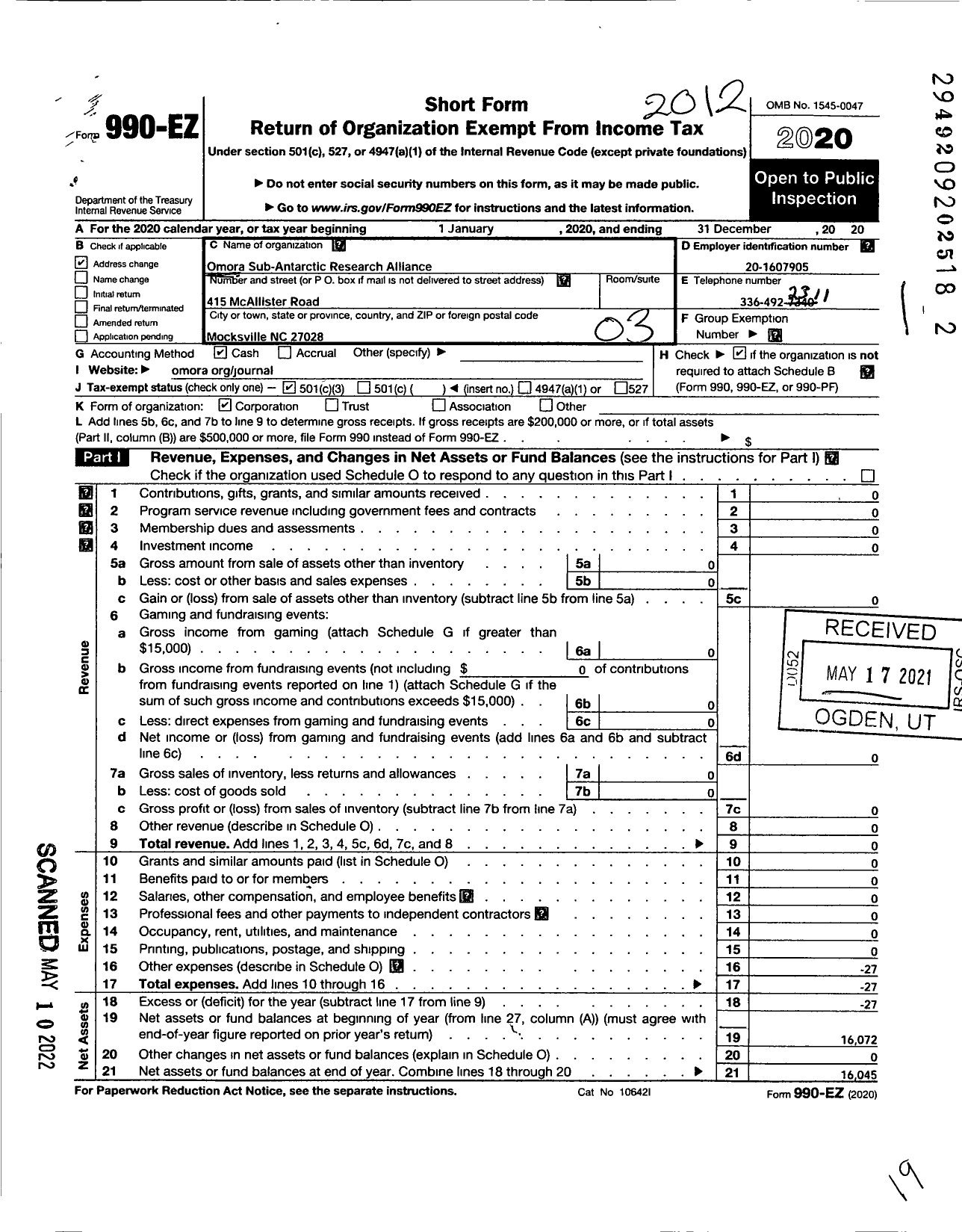 Image of first page of 2020 Form 990EZ for Omora Sub-Antarctic Research Alliance (OSARA)