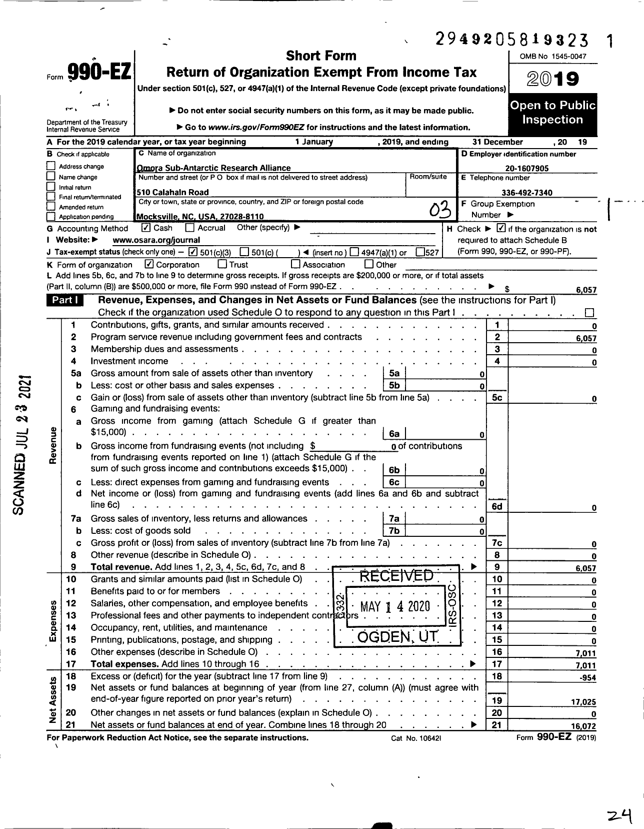 Image of first page of 2019 Form 990EZ for Omora Sub-Antarctic Research Alliance (OSARA)