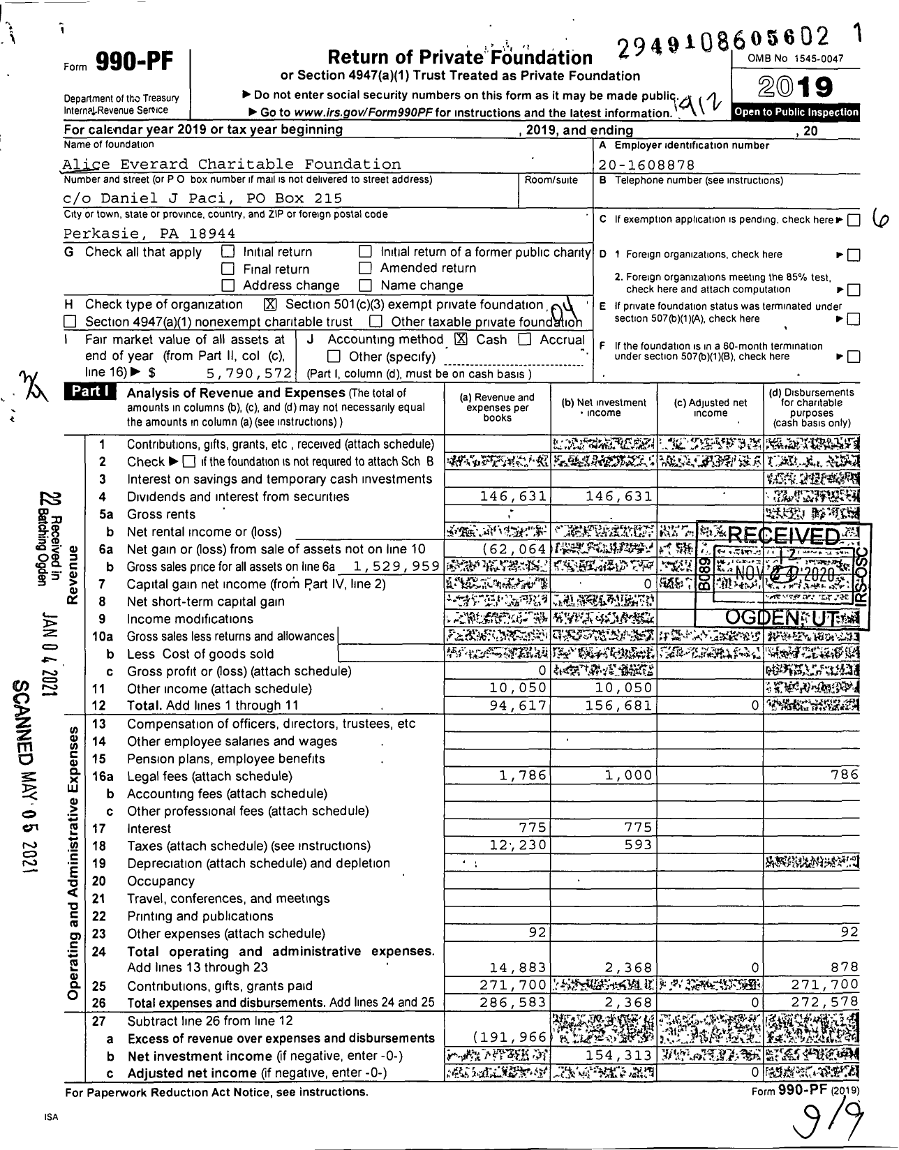 Image of first page of 2019 Form 990PF for Alice Everard Charitable Foundation