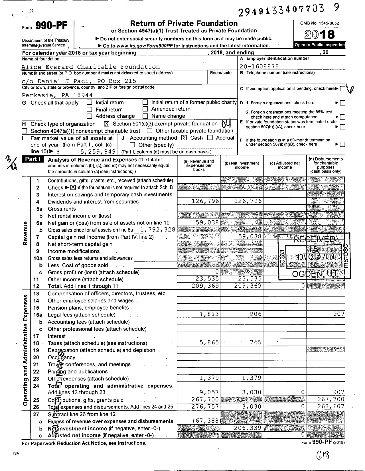 Image of first page of 2018 Form 990PF for Alice Everard Charitable Foundation