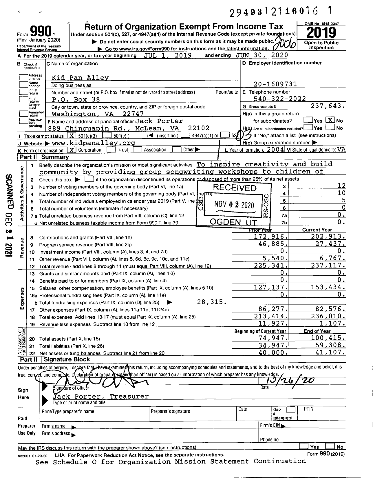 Image of first page of 2019 Form 990 for Kid Pan Alley