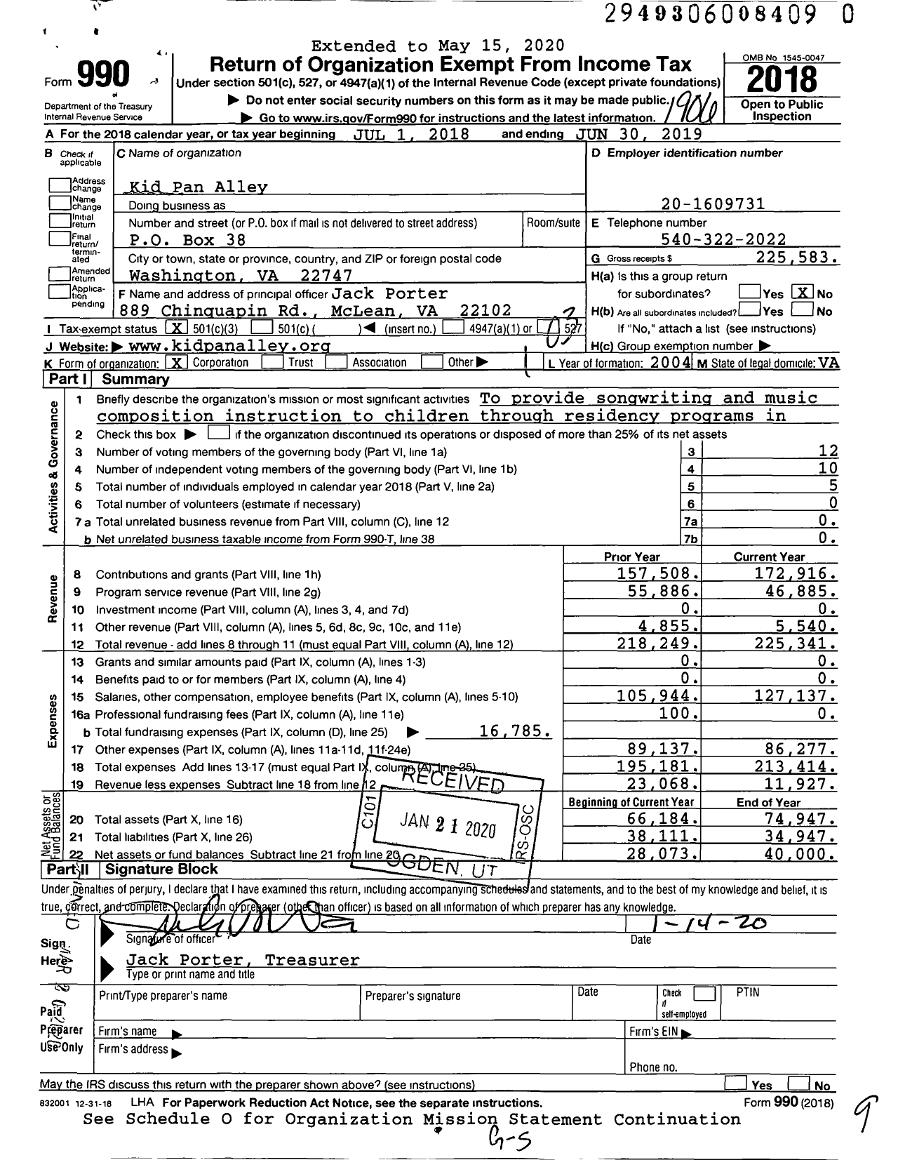 Image of first page of 2018 Form 990 for Kid Pan Alley