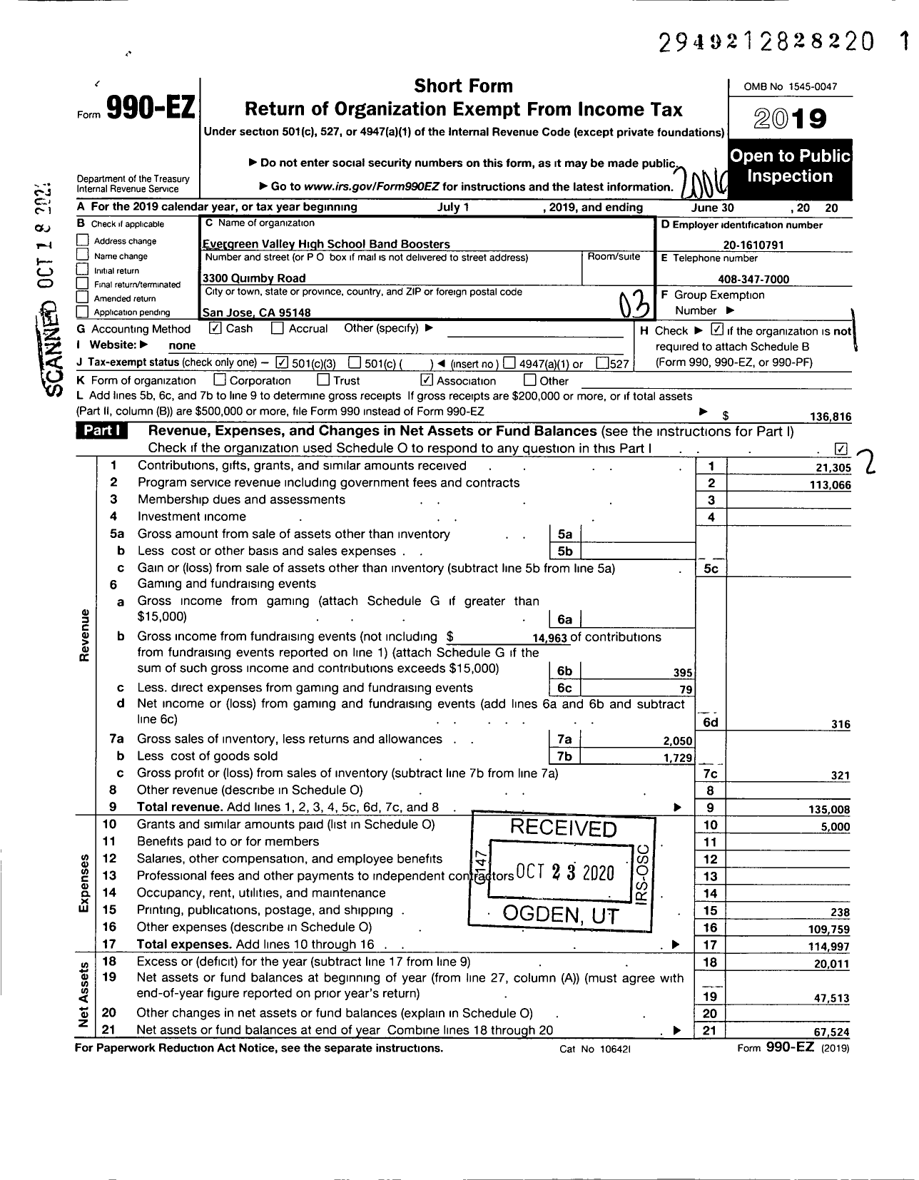 Image of first page of 2019 Form 990EZ for Evergreen Valley High School Band Boosters