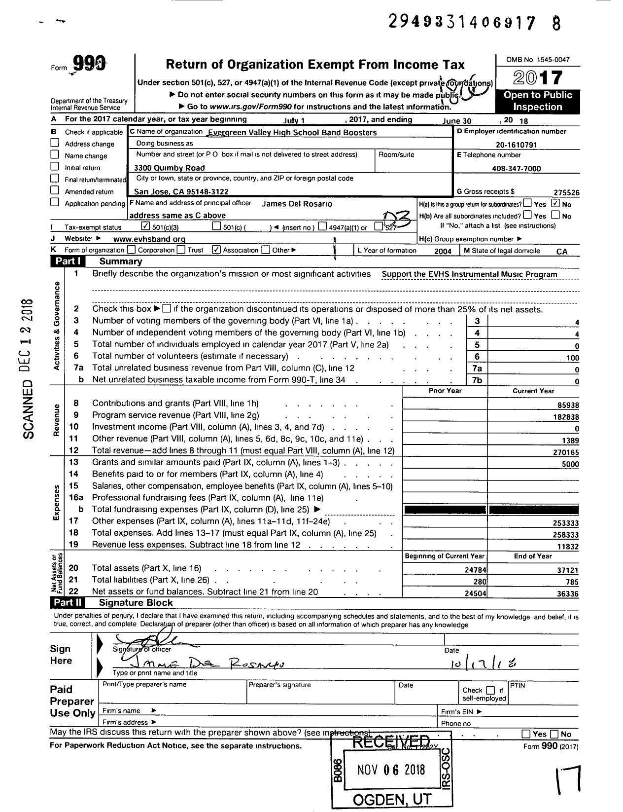 Image of first page of 2017 Form 990 for Evergreen Valley High School Band Boosters