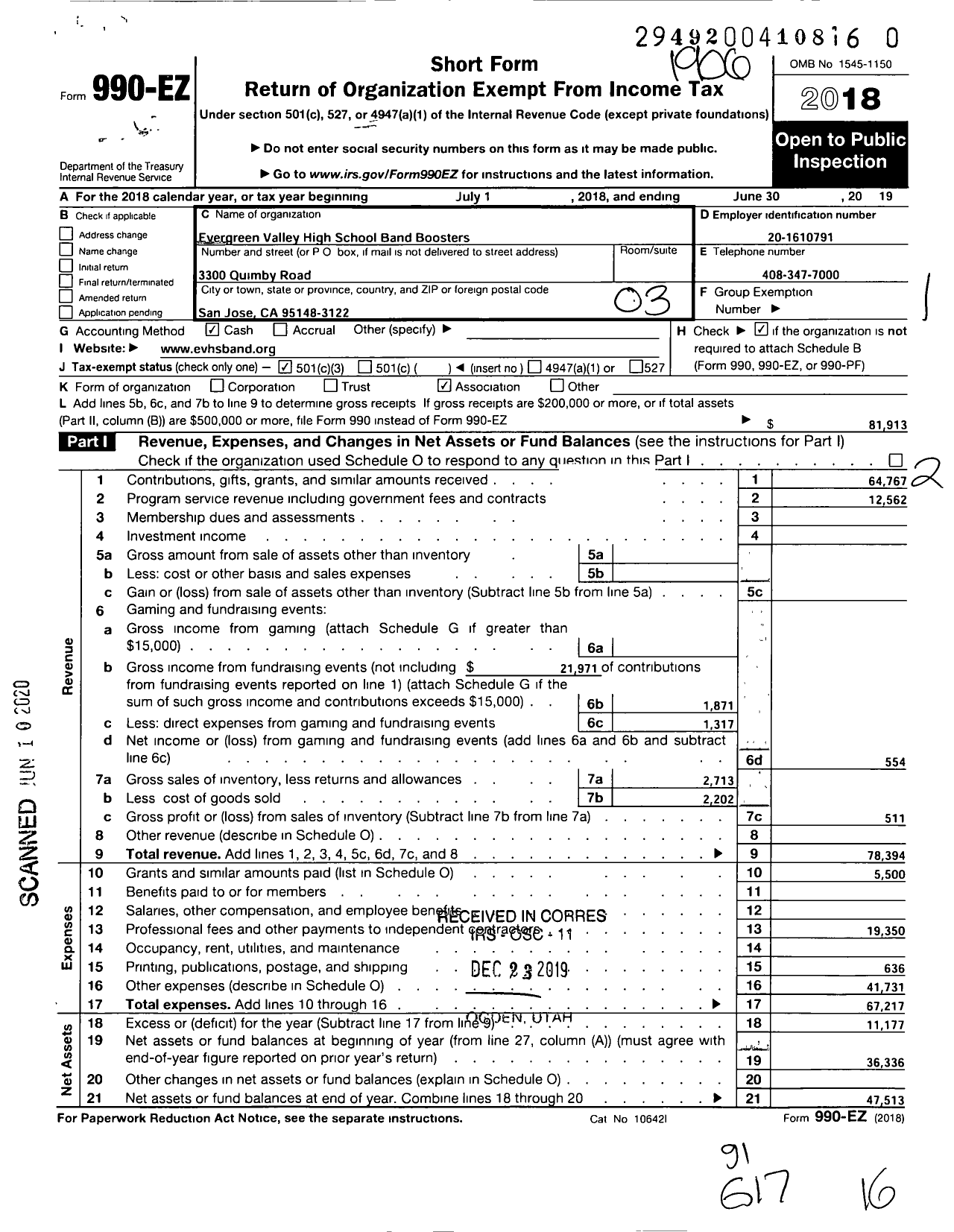 Image of first page of 2018 Form 990EZ for Evergreen Valley High School Band Boosters