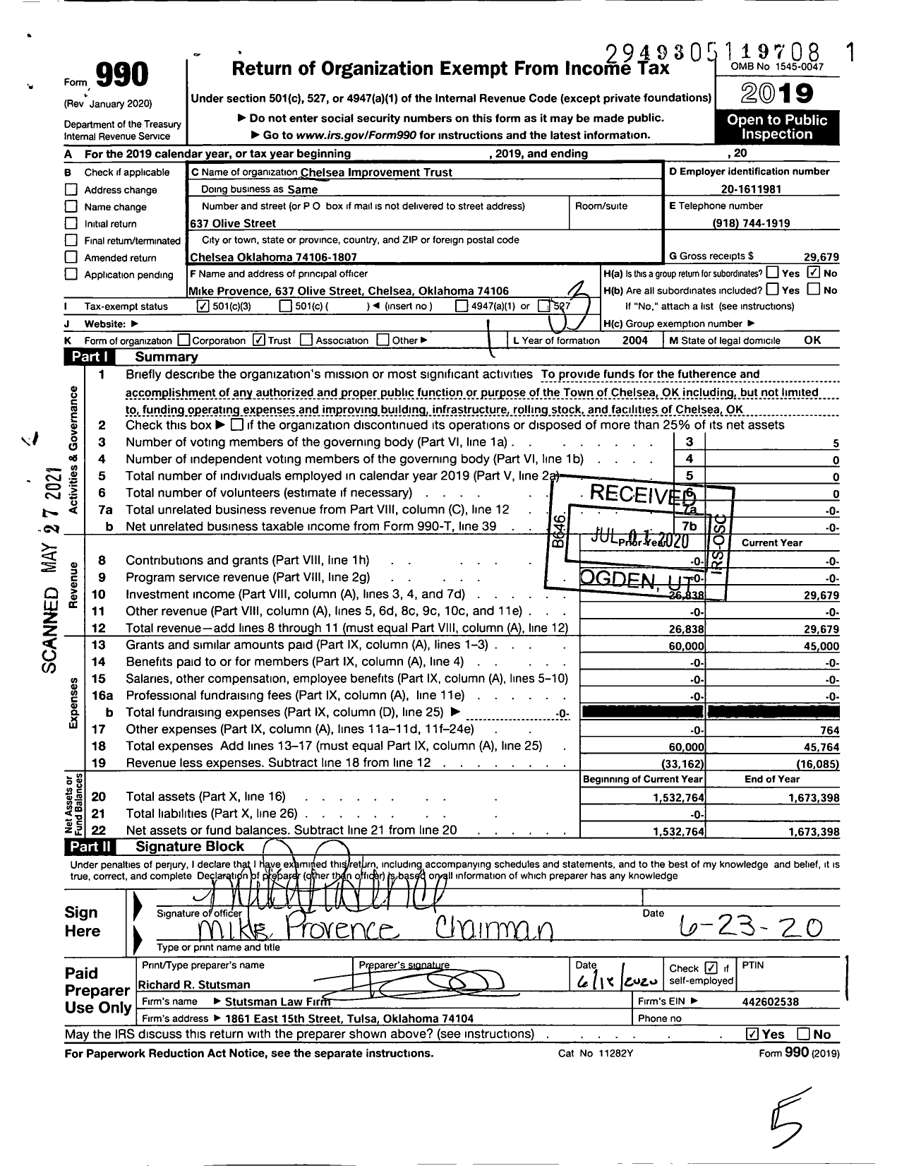 Image of first page of 2019 Form 990 for Chelsea Improvement Trust