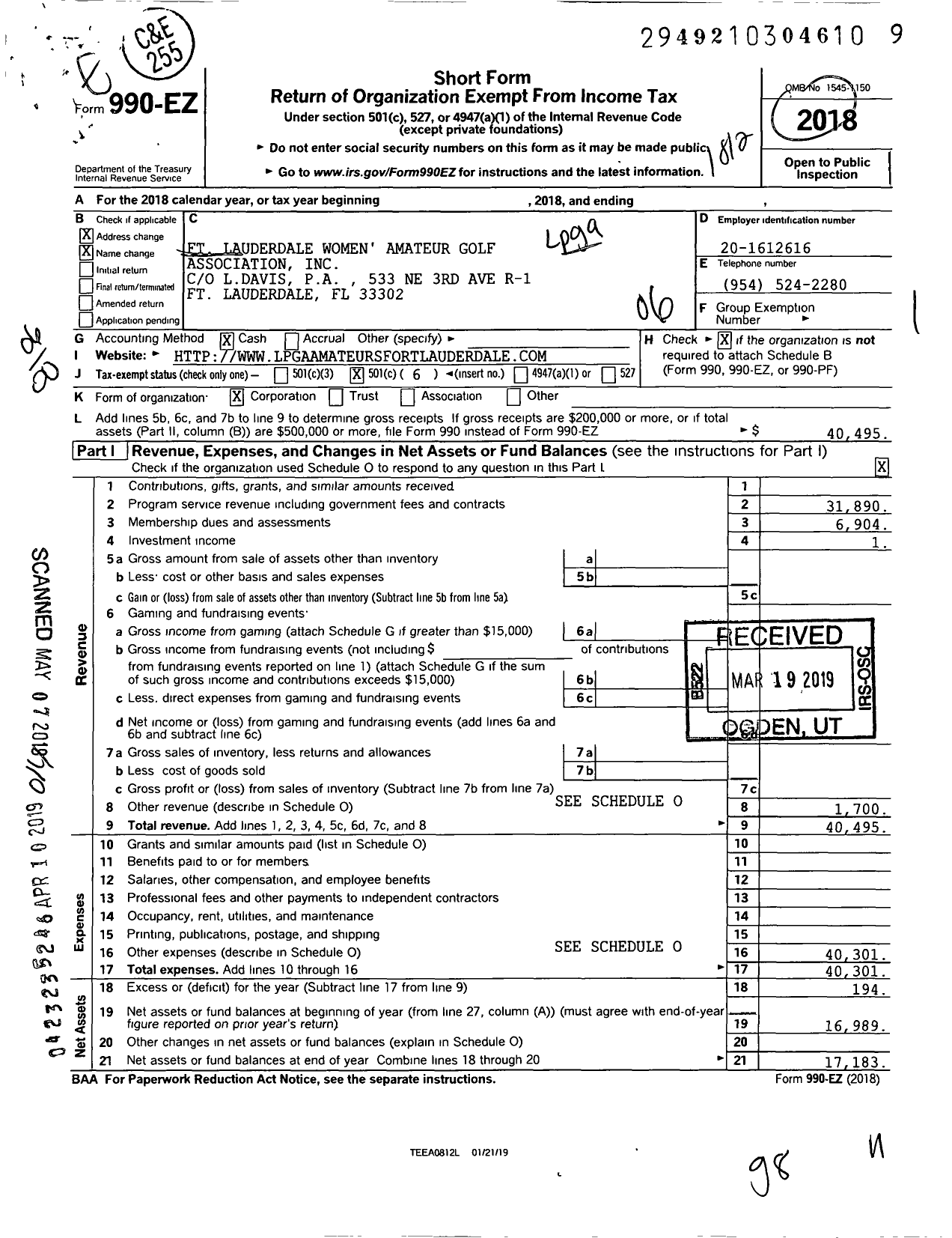 Image of first page of 2018 Form 990EO for Executive Womens Golf Association / Fort Lauderdale Area FL Chapter