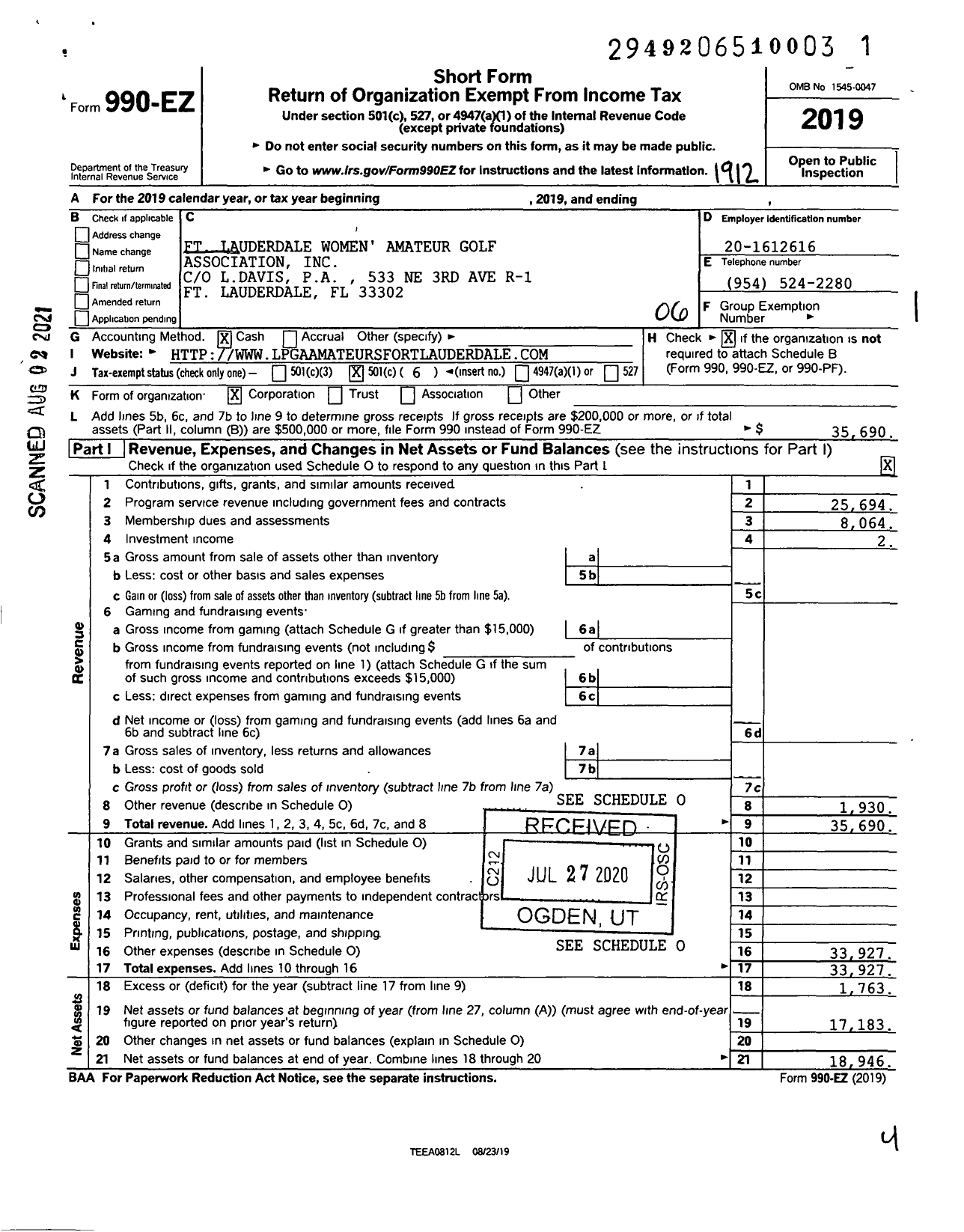 Image of first page of 2019 Form 990EO for Executive Womens Golf Association / Fort Lauderdale Area FL Chapter