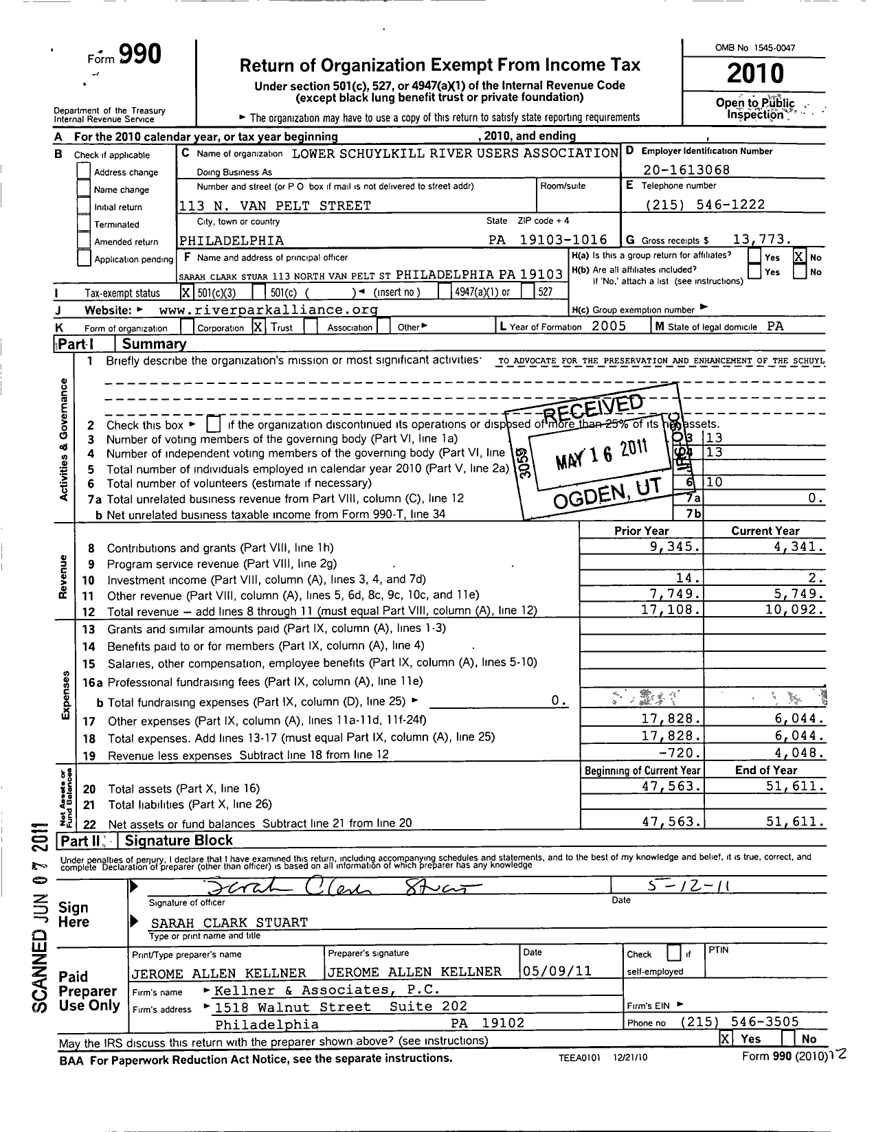 Image of first page of 2010 Form 990 for Lower Schuylkill River Users Association